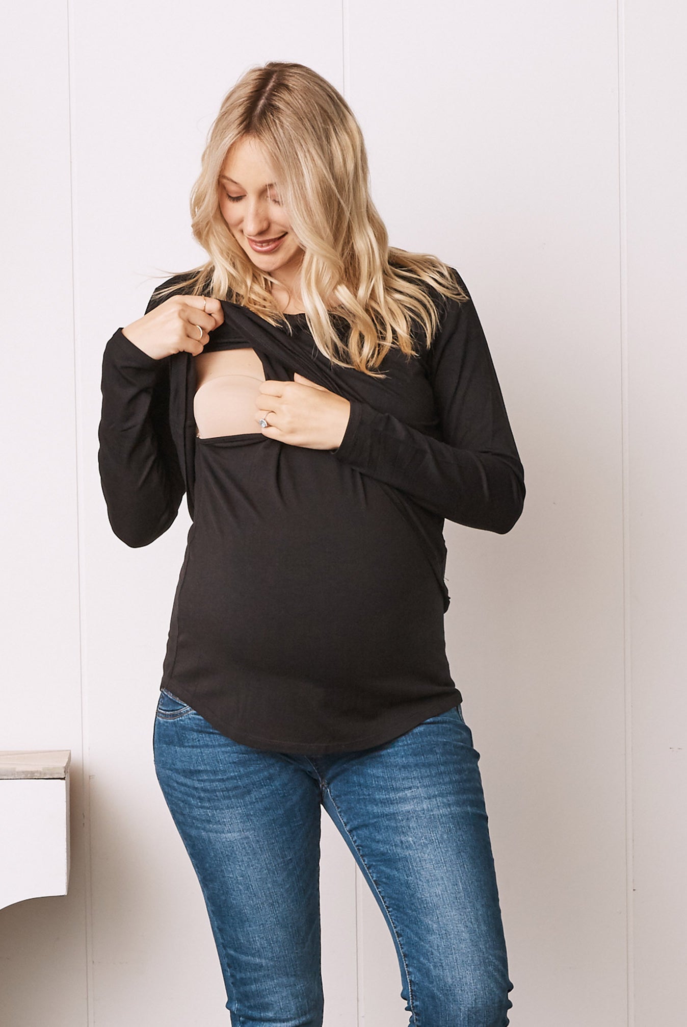 Bamboo Cotton Long Sleeve Maternity Top in Black - Angel Maternity USA