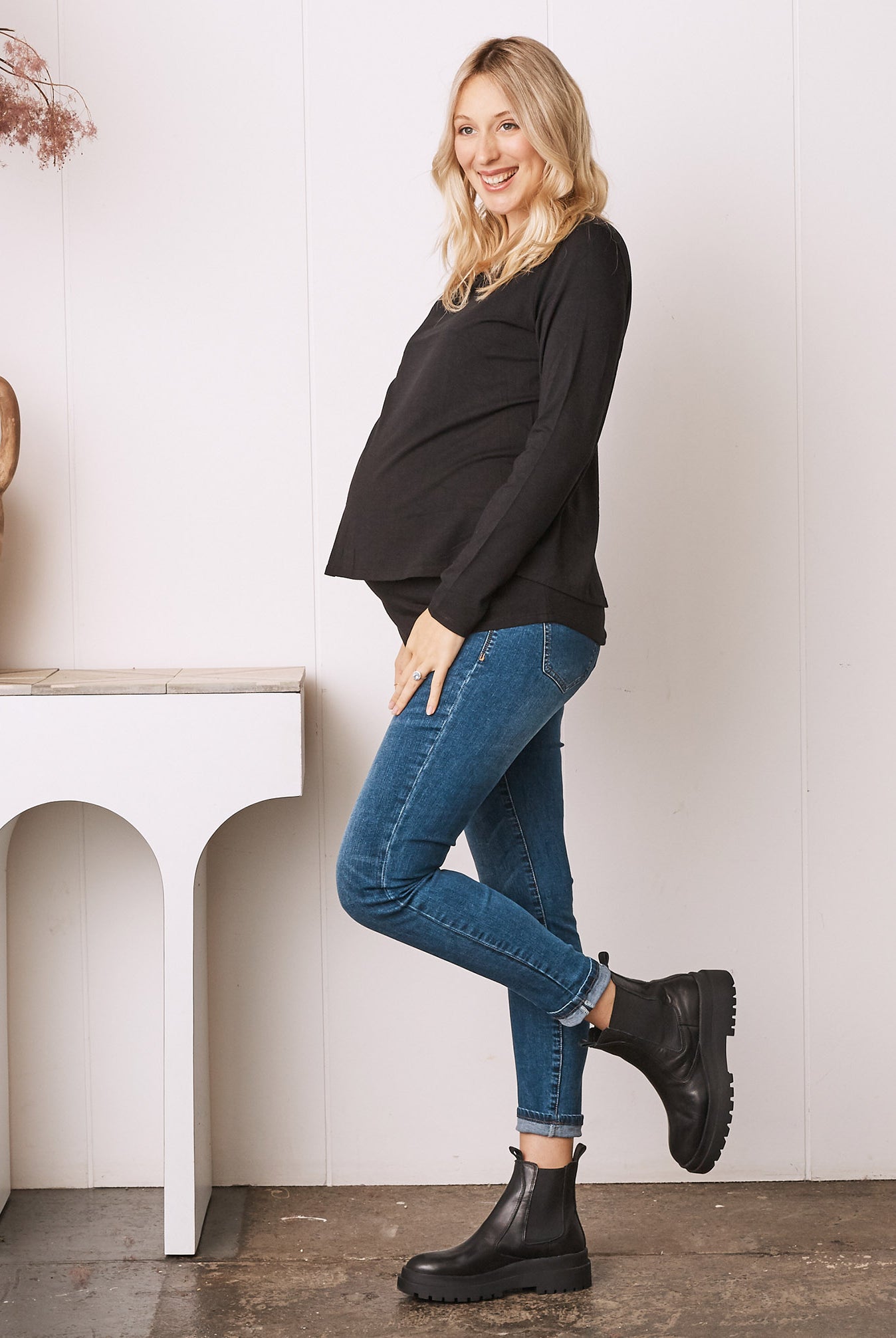 Bamboo Cotton Long Sleeve Maternity Top in Black - Angel Maternity USA