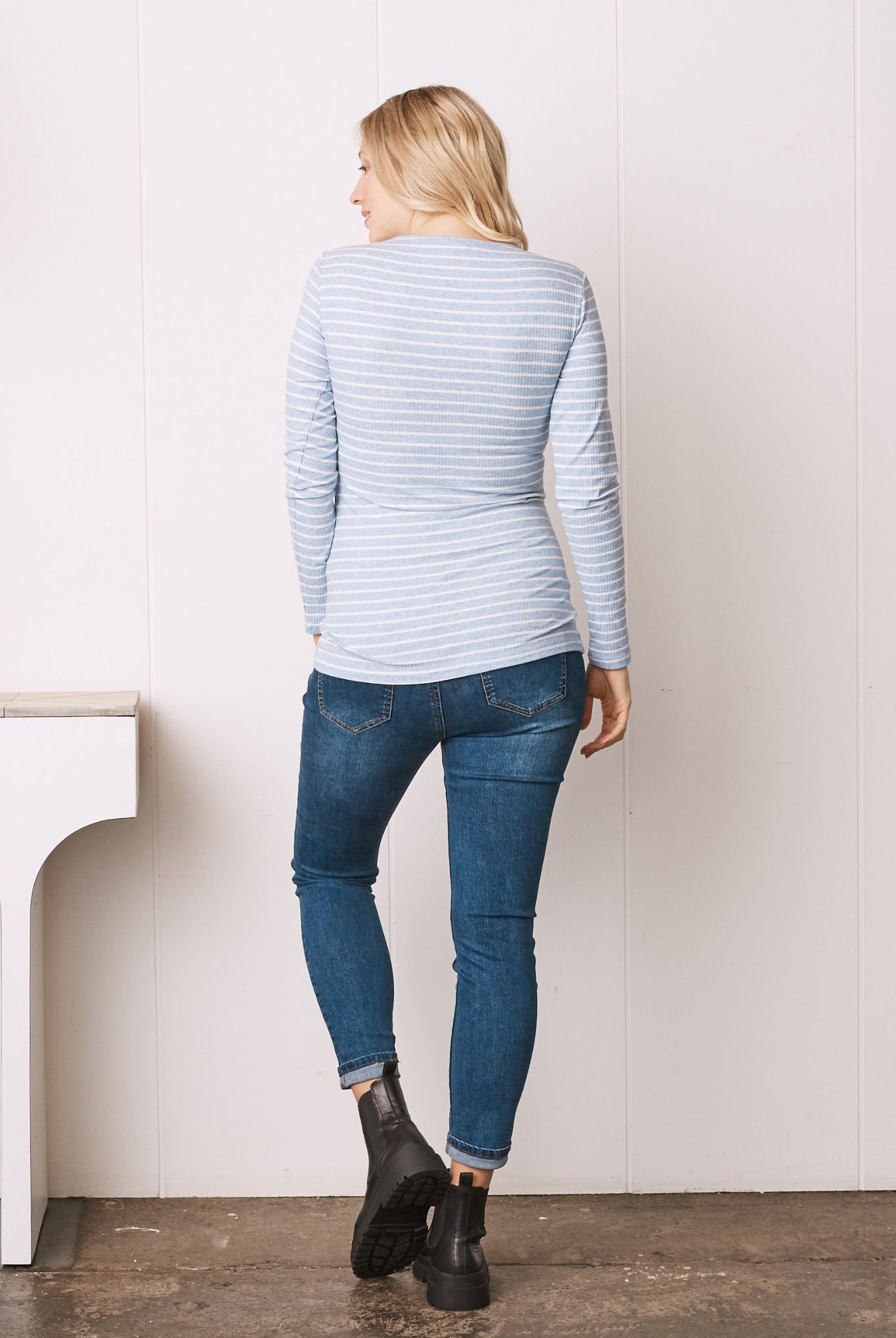 Maternity & Nursing Long Sleeve Cotton Top - Blue Stripe (6724307877982)