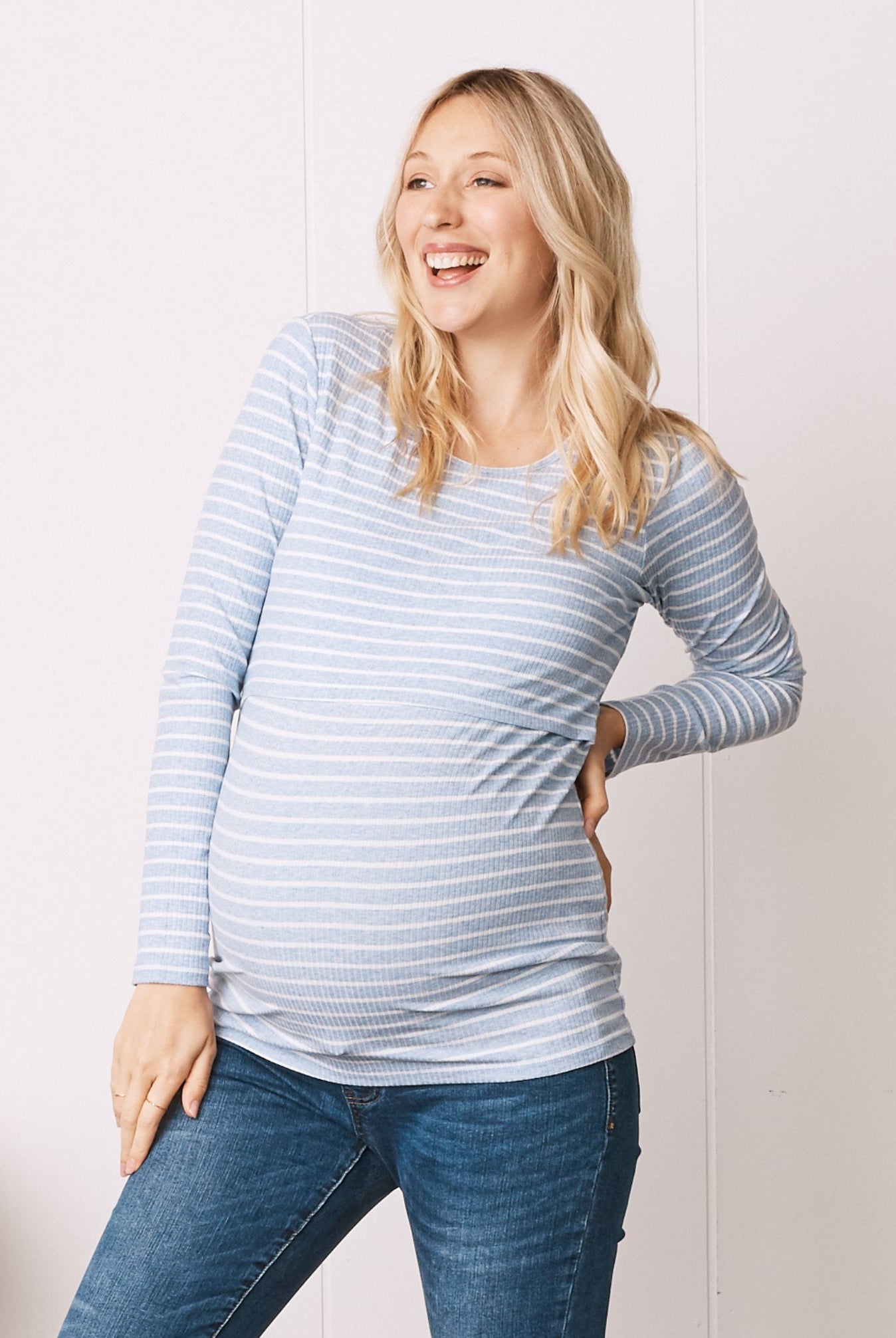 Main View - A Pregnant Woman in Long Sleeve Maternity & Nursing Cotton Top in Blue stipe Color from Angel Maternity (6724307877982)