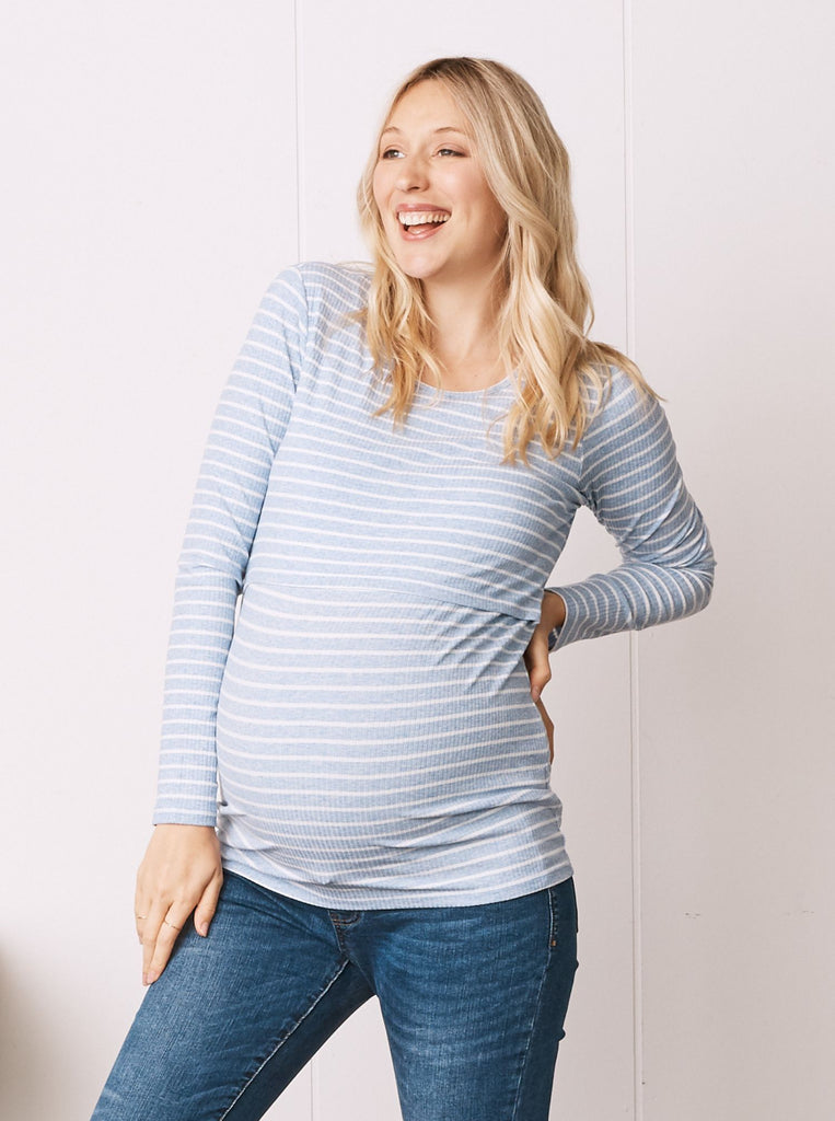 Main View - A Pregnant Woman in Long Sleeve Maternity & Nursing Cotton Top in Blue stipe Color from Angel Maternity (6724307877982)