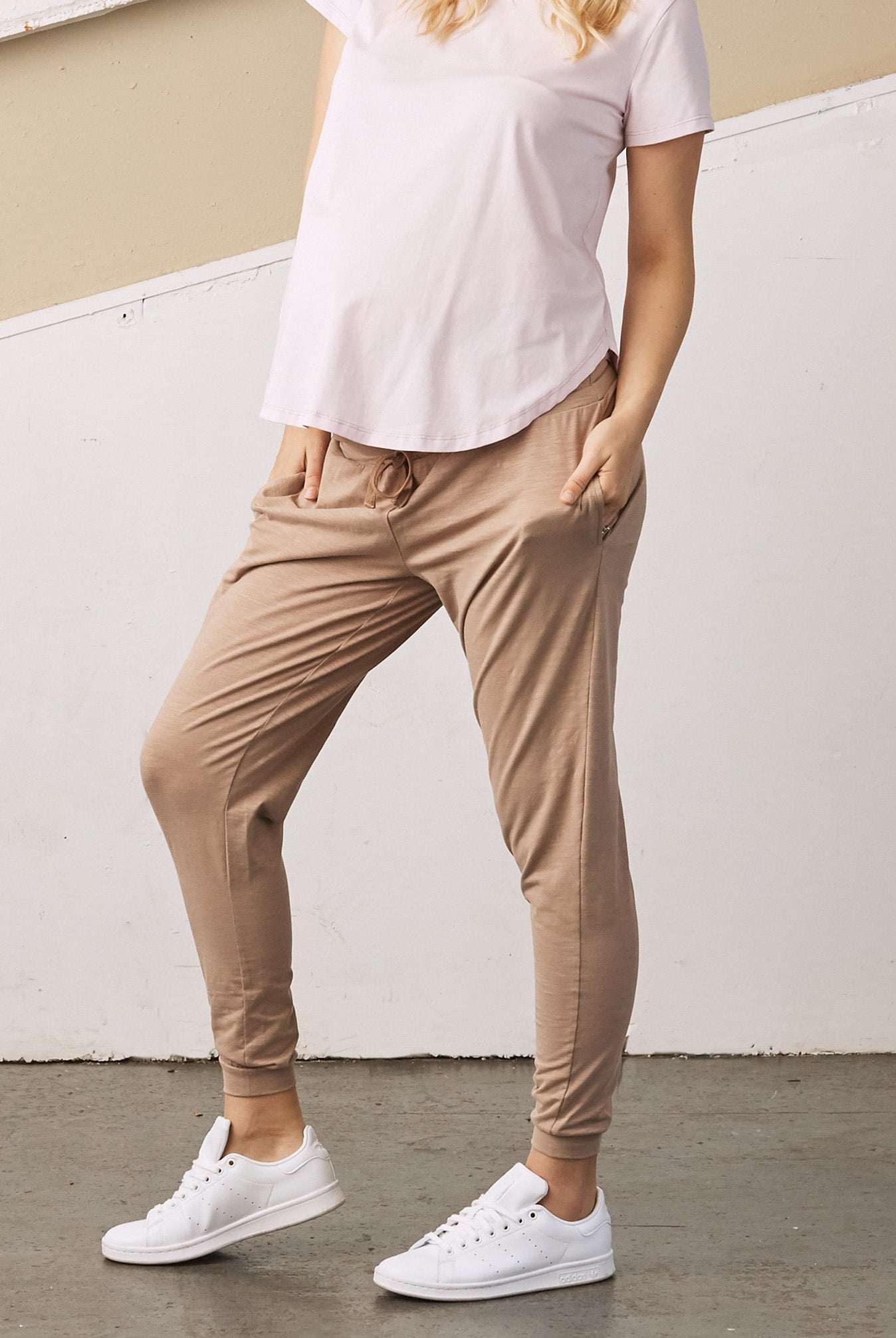 Main view - A Pregnant Woman in Coffee Colour Cotton Maternity Jogger Pants (6709405909095)