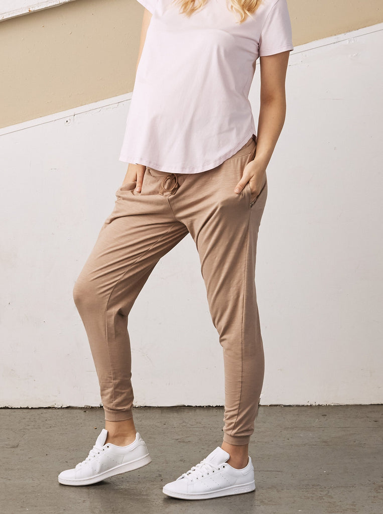 Main view - A Pregnant Woman in Coffee Colour Cotton Maternity Jogger Pants (6709405909095)