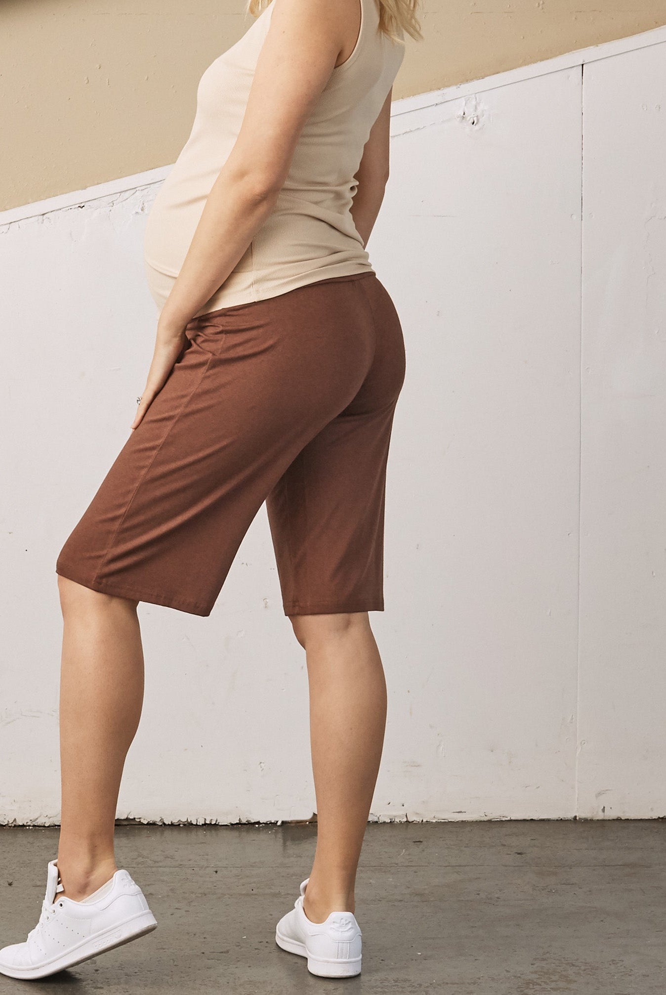 Side view 2 - A Pregnant Woman in Chocolate Brown Wide Leg Knee Length Bamboo Maternity Shorts (6707663011943)