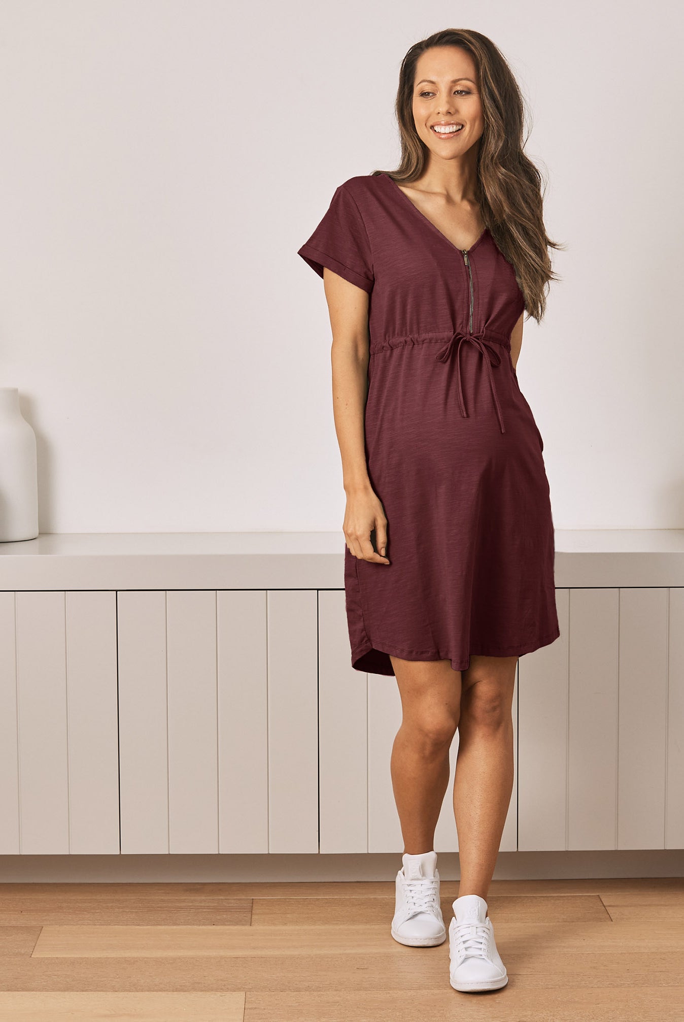 Mia Maternity & Nursing Zipper Drawstring Dress in Burgundy - Angel Maternity USA