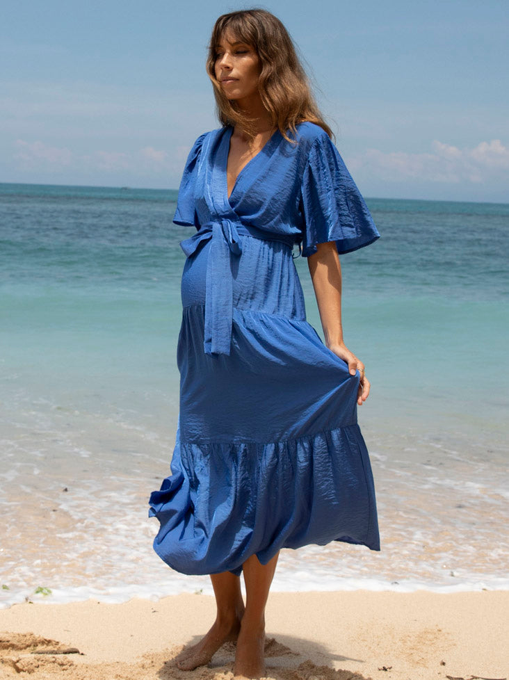 A woman in cobalt blue maternity dress, front (6659011641438)