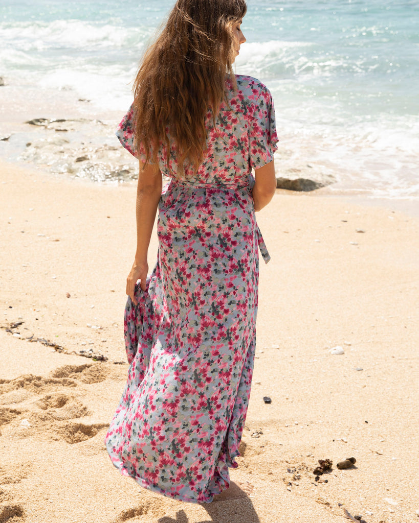 A woman in floral pink maternity & nursing wrap dress, back (6672544006238)