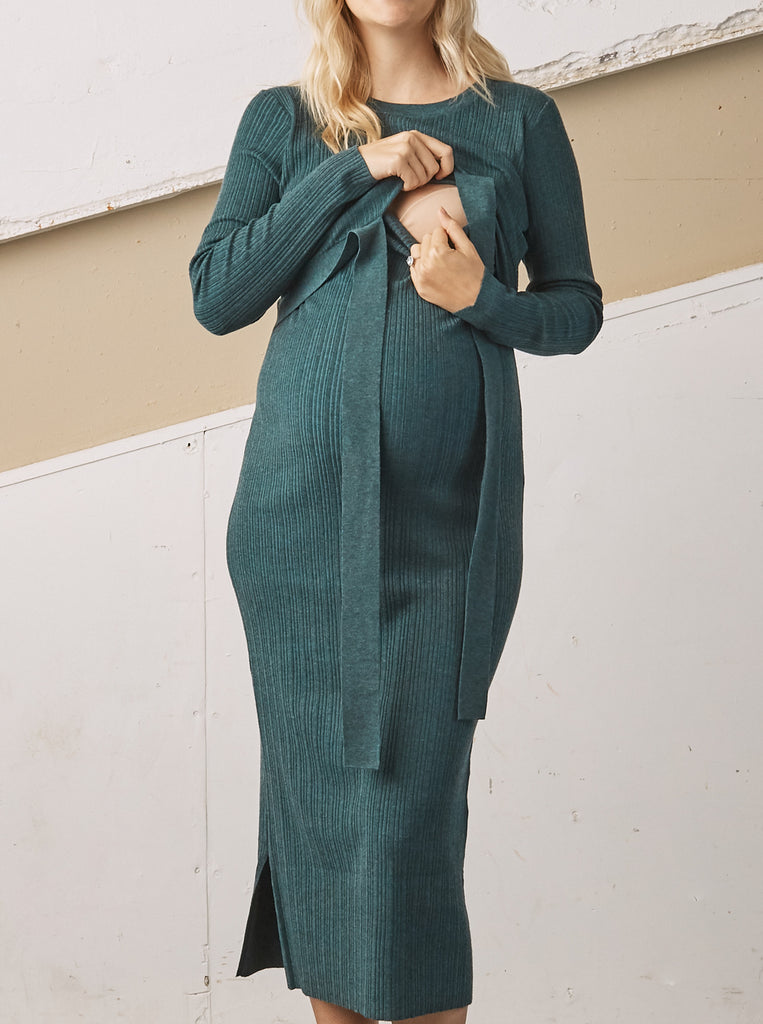 A Pregnant Woman i  Annabella Knit Teal Maternity Bodycon Midi Dress showing easy access to breastfeeding (6726615924830)