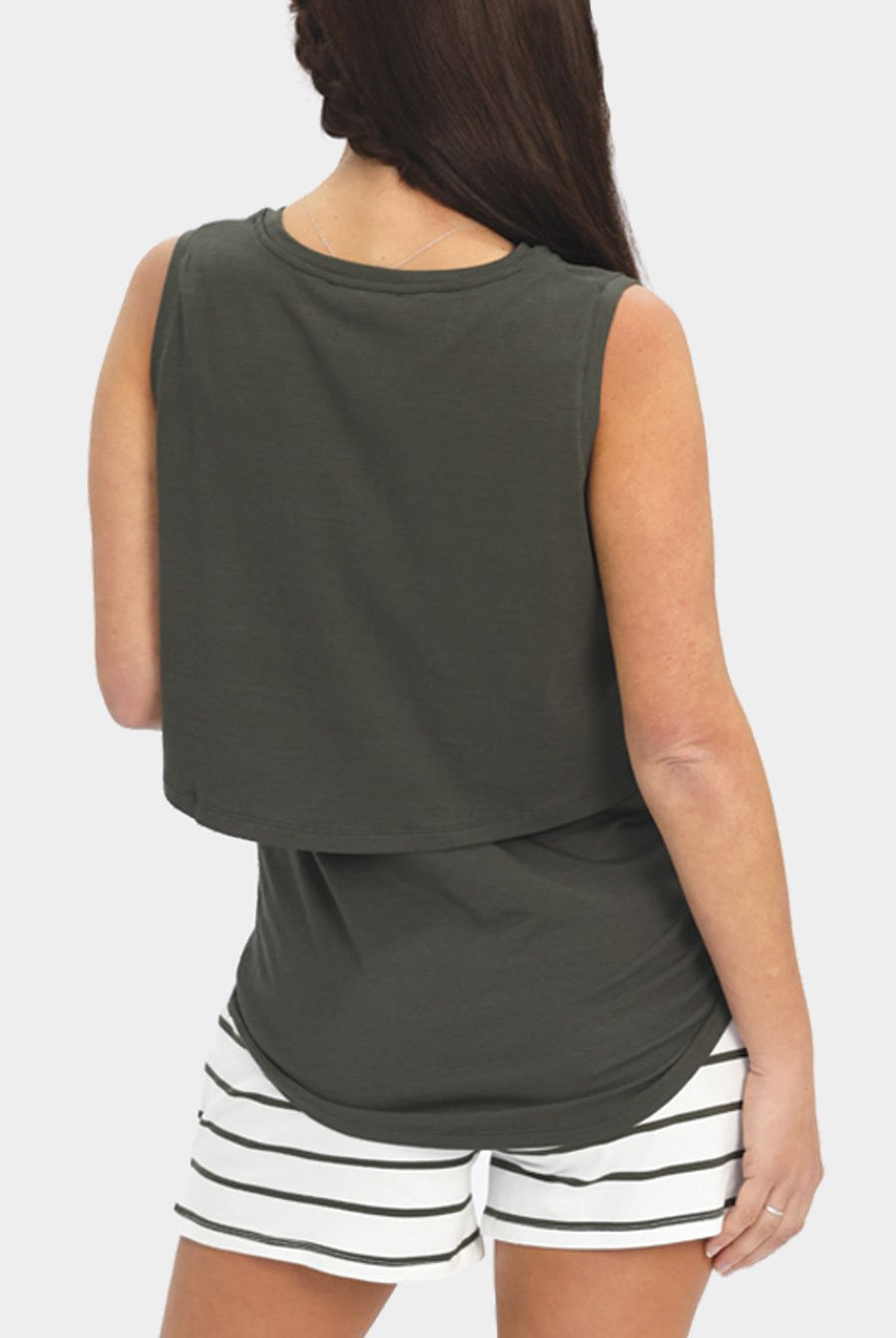 A woman in khaki maternity nursing tank, back (6639696314462)