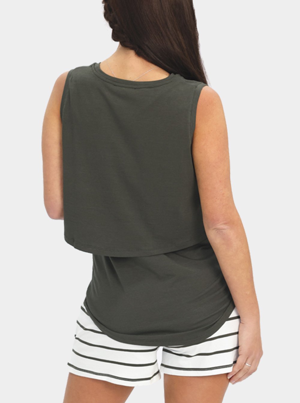 A woman in khaki maternity nursing tank, back (6639696314462)