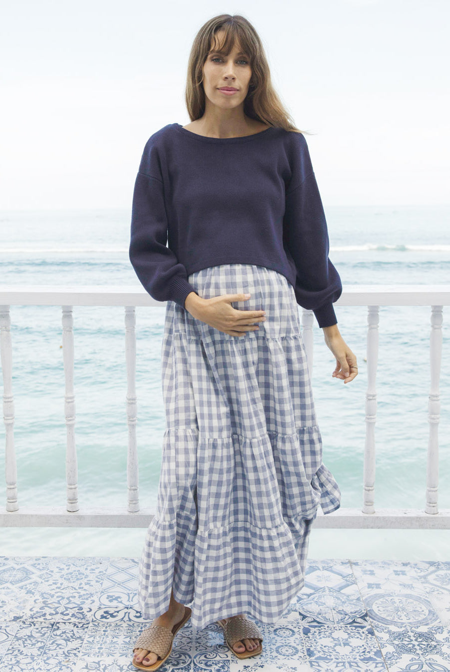 Full view - A Pregnant Woman in Long Sleeve Navy Cotton Maternity Top on seafront balcony (6621360193630)