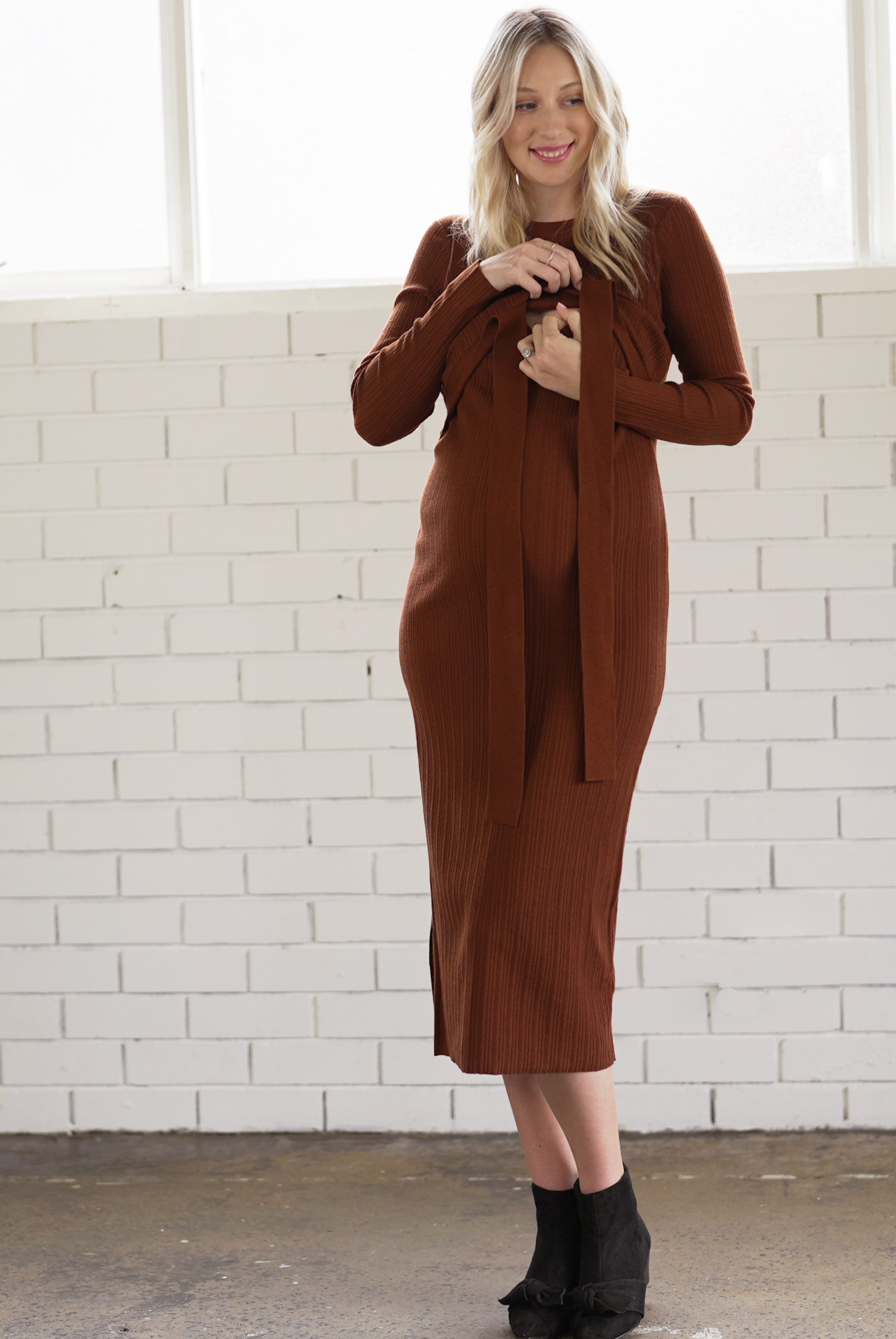 Front view - Annabella Knit Maternity Dress in Rust (6714938654814)
