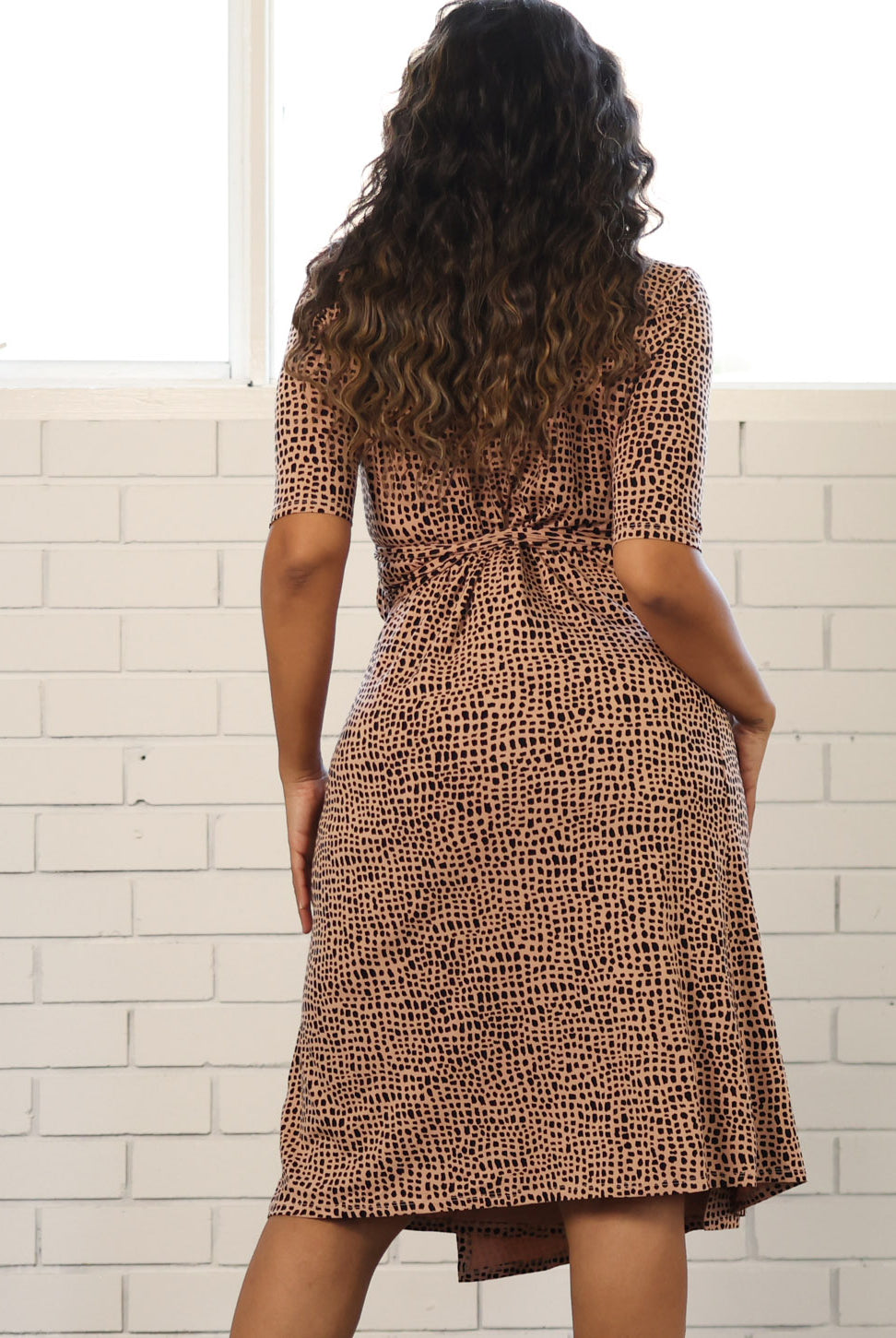 Back view - Maternity Classic Wrap Dress in Brown Print (6716374057054)