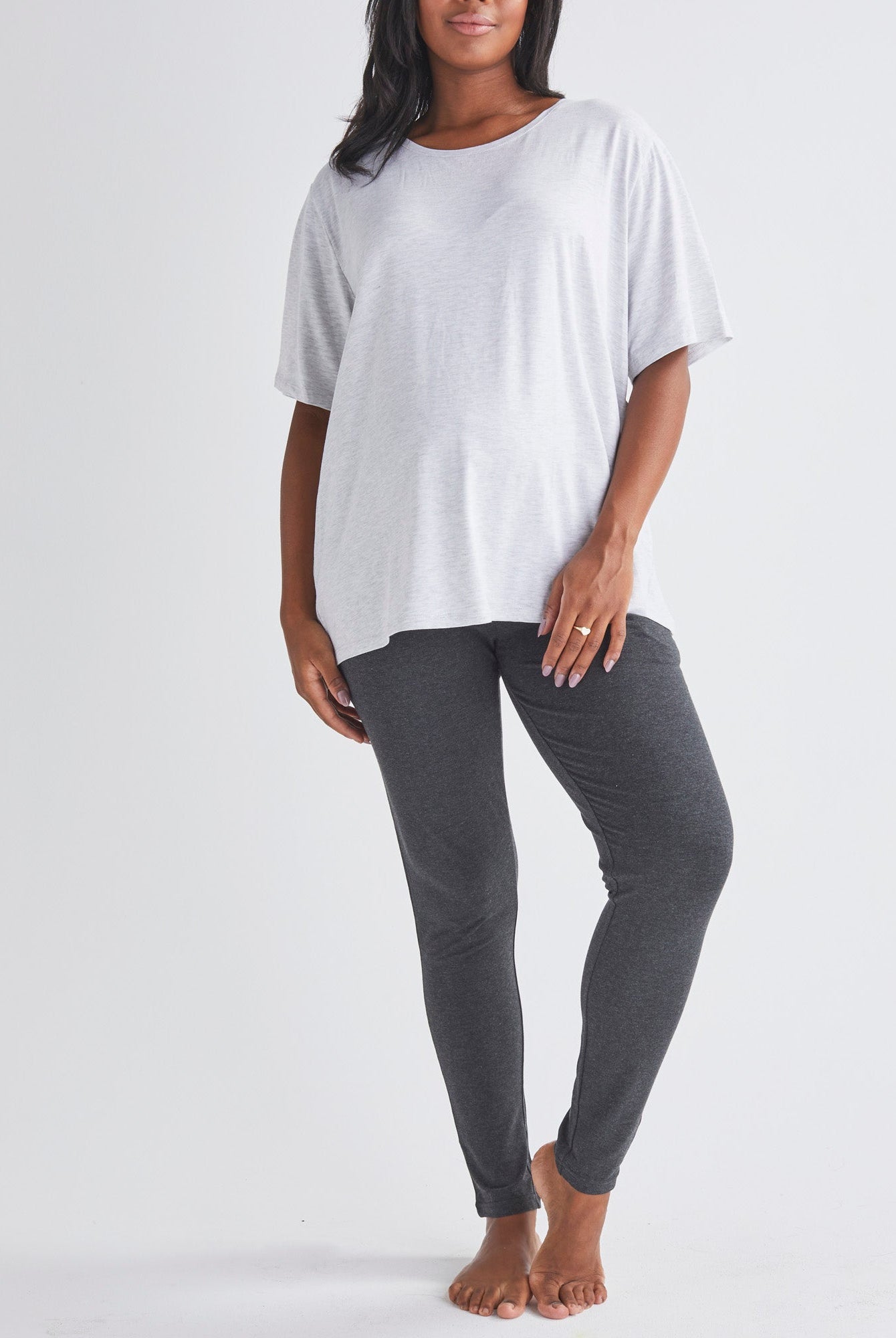 Front View - A Pregnannt Woman Wearing Eden Ultra Soft Maternity Lounge Pants in Charcoal from Angel Maternity.