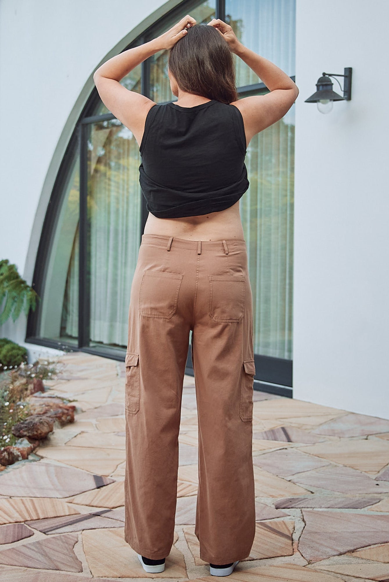 Back view- maternity cotton cargo pants brown
