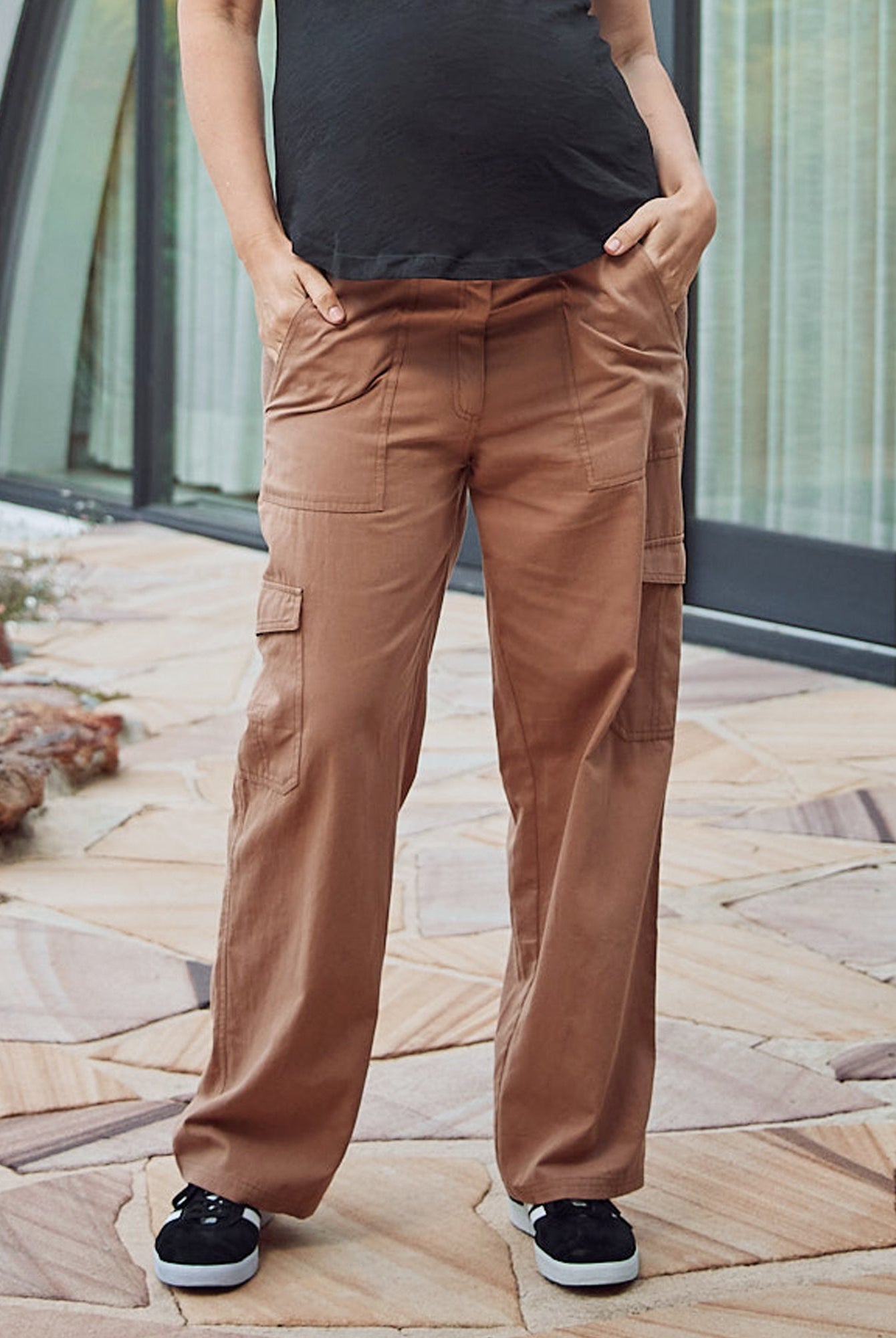 front view- maternity cotton cargo pants brown