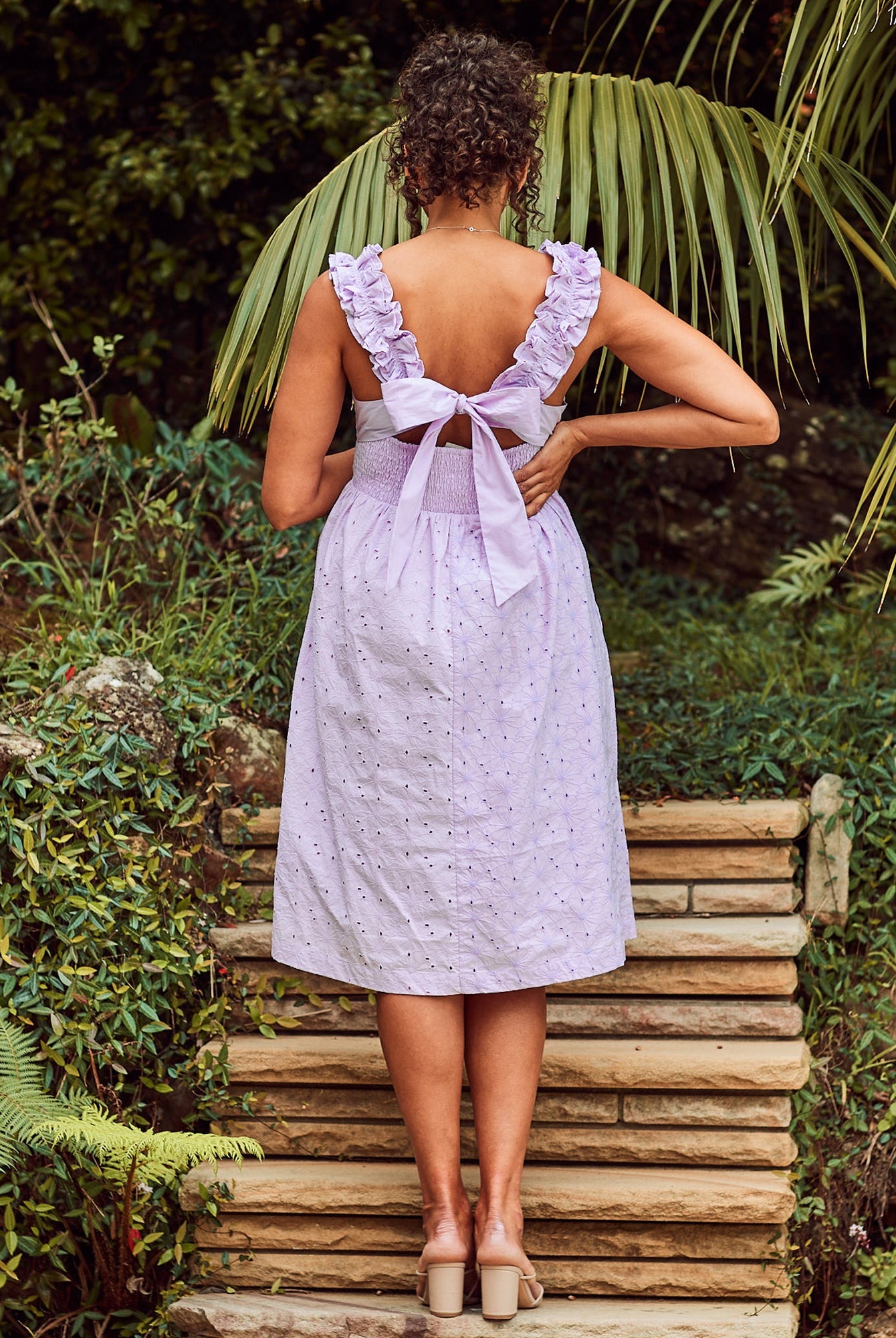 Back view- maternity embroidery frilled midi dress