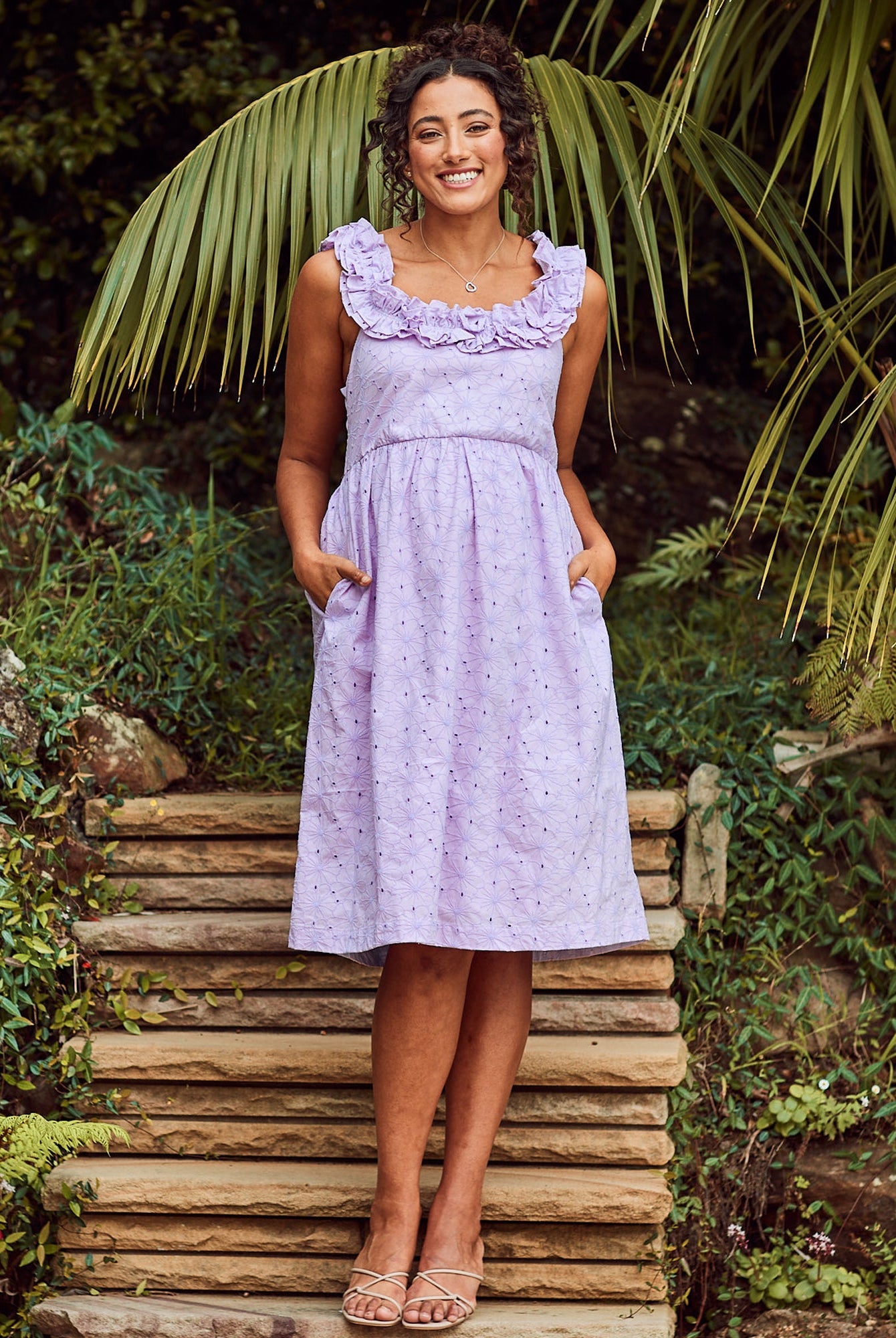 Front view- maternity embroidery frilled midi dress