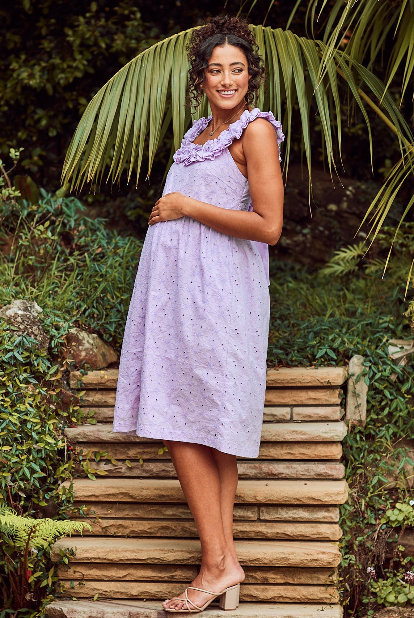 Side view- maternity embroidery frilled midi dress