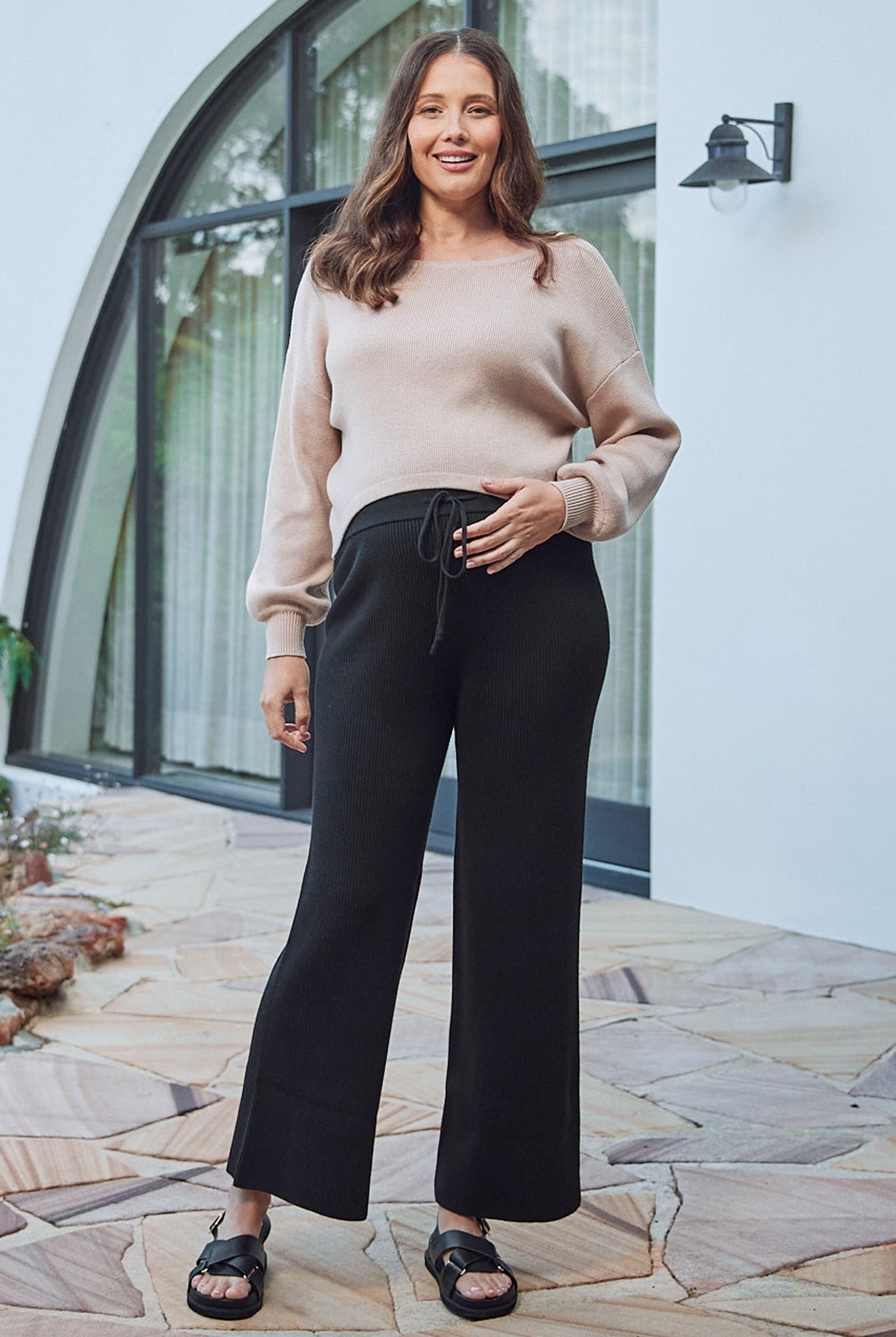 Front view- maternity knitted lounge pants black