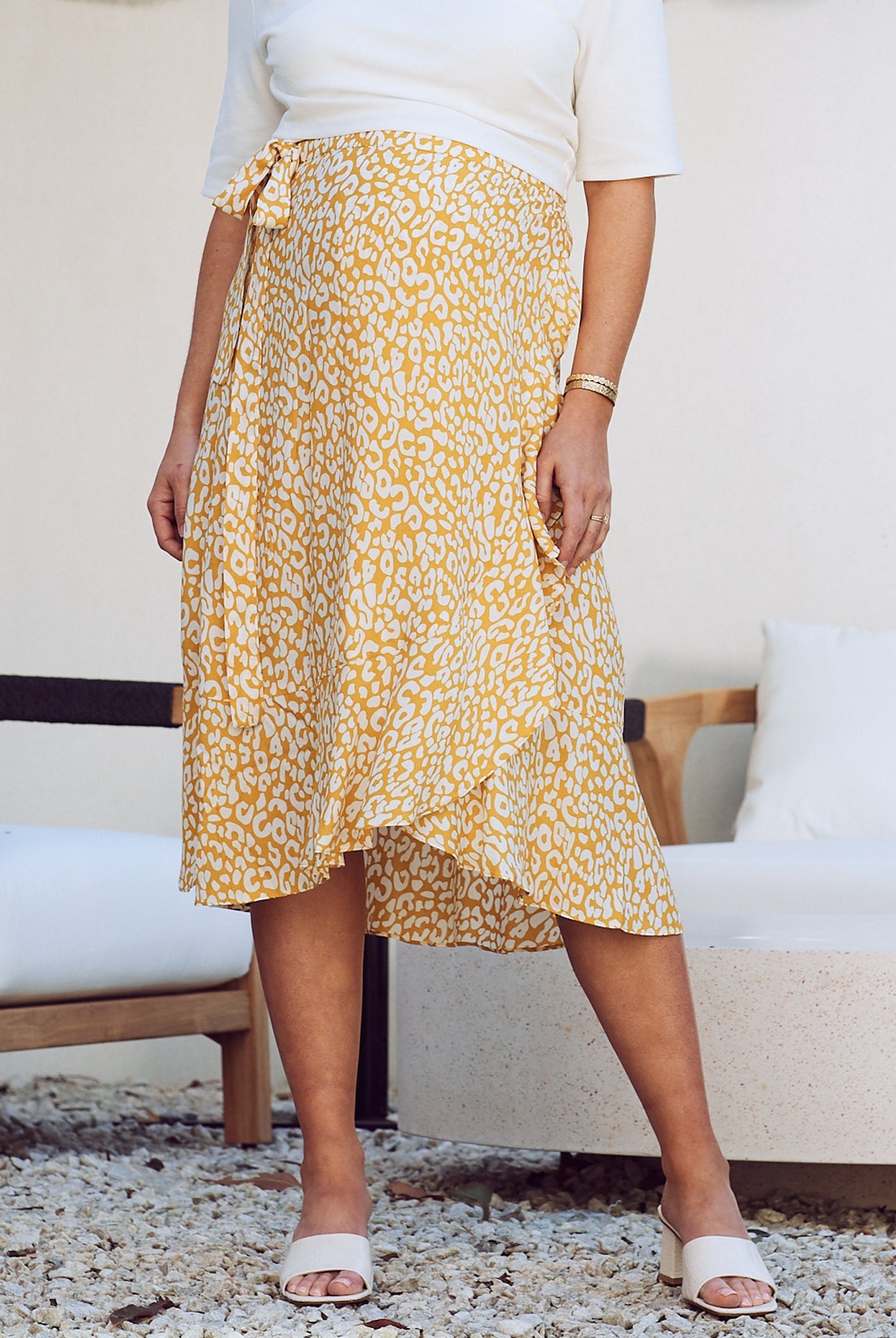 main view - maternity wrap ruffled skirt in mustard leopard print