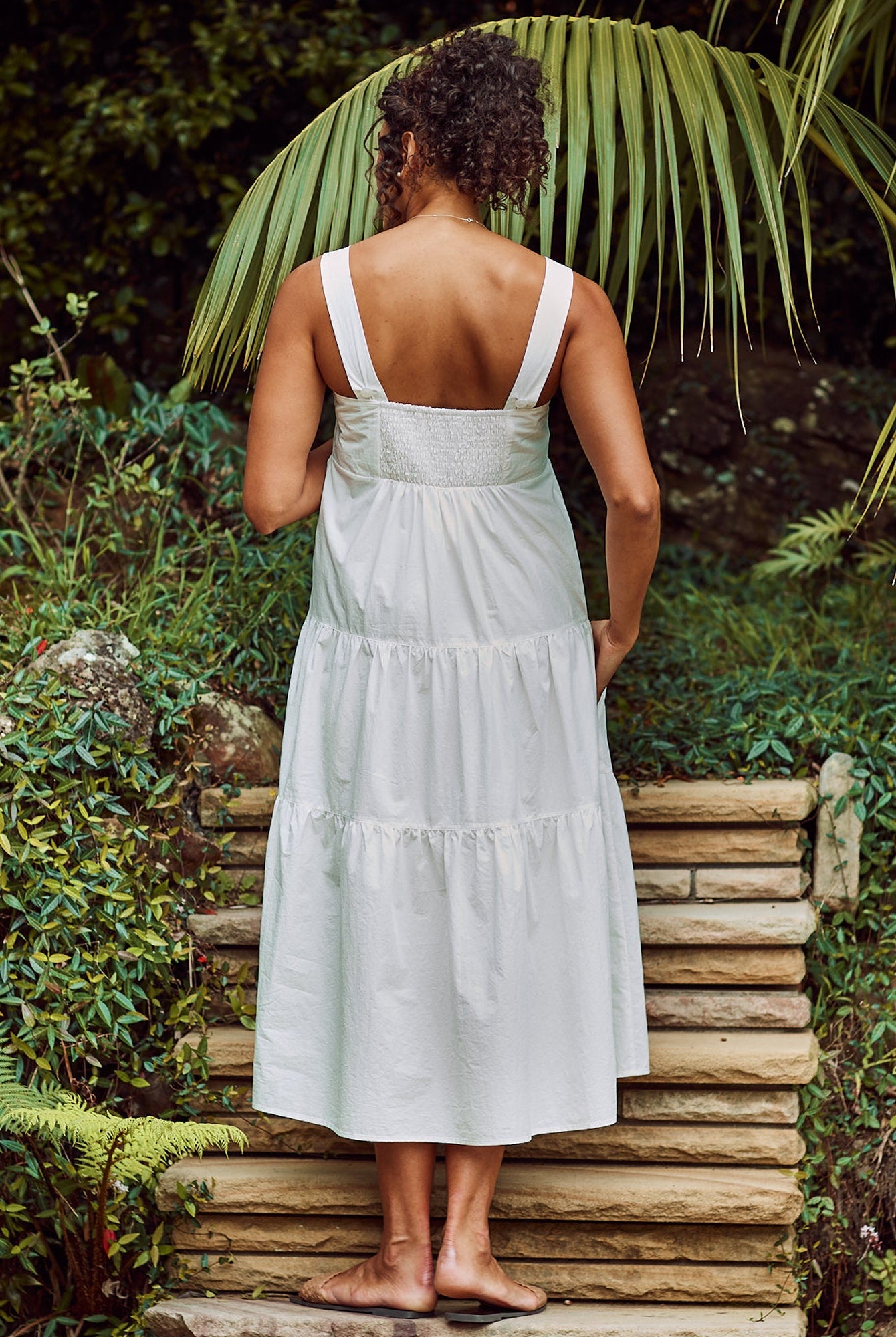 Back view- maternity tiered maxi dress white