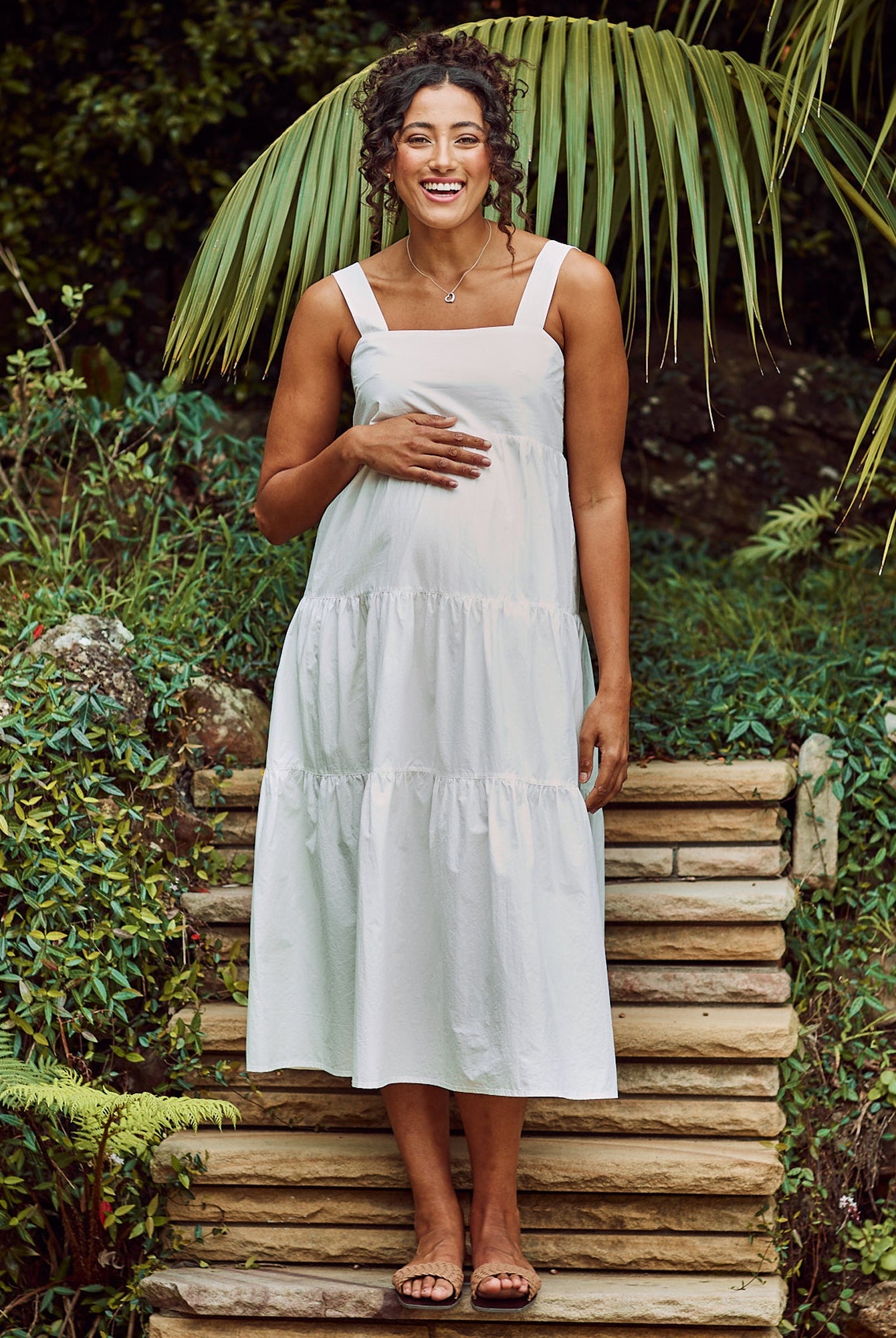 front view- maternity tiered maxi dress white