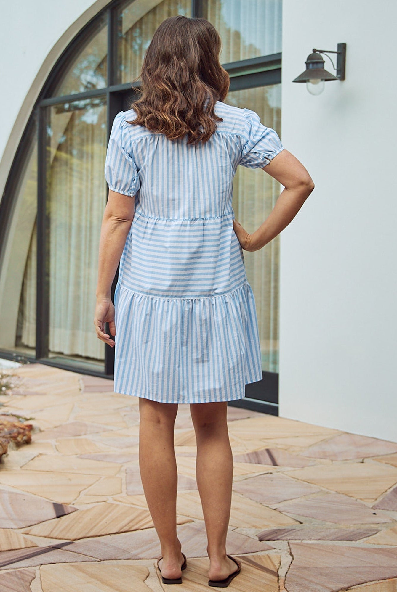 Back view- maternity striped cotton dress