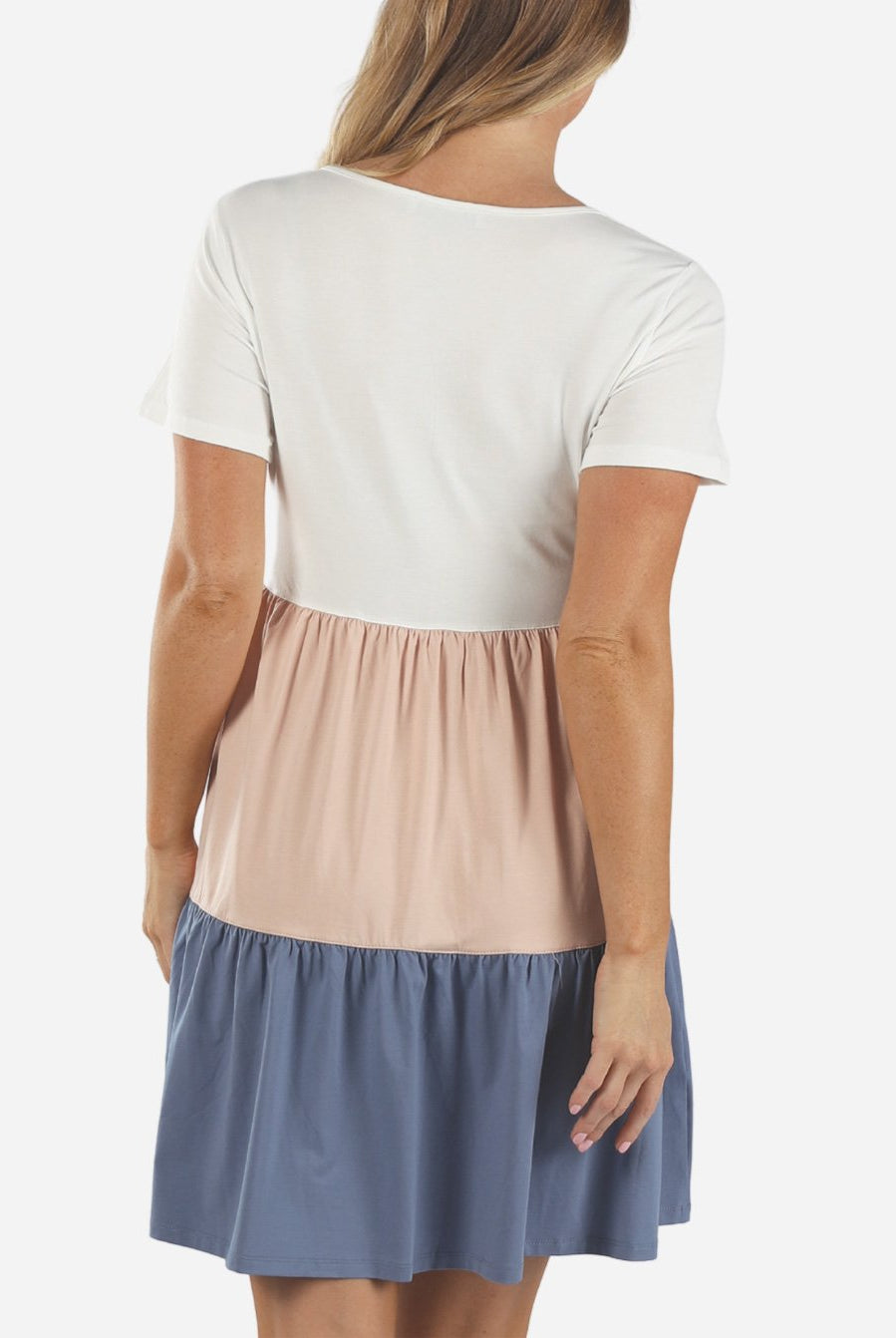 Back view - Maternity Tiered Sun Dress in Multi Colors - White, Pink & Blue (6640284401758)