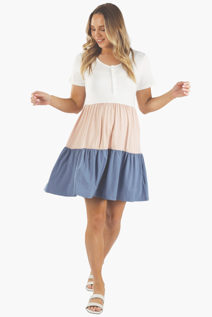 Main view - A woman in maternity tiered sun dress in white, pink and blue, main (6640284401758)