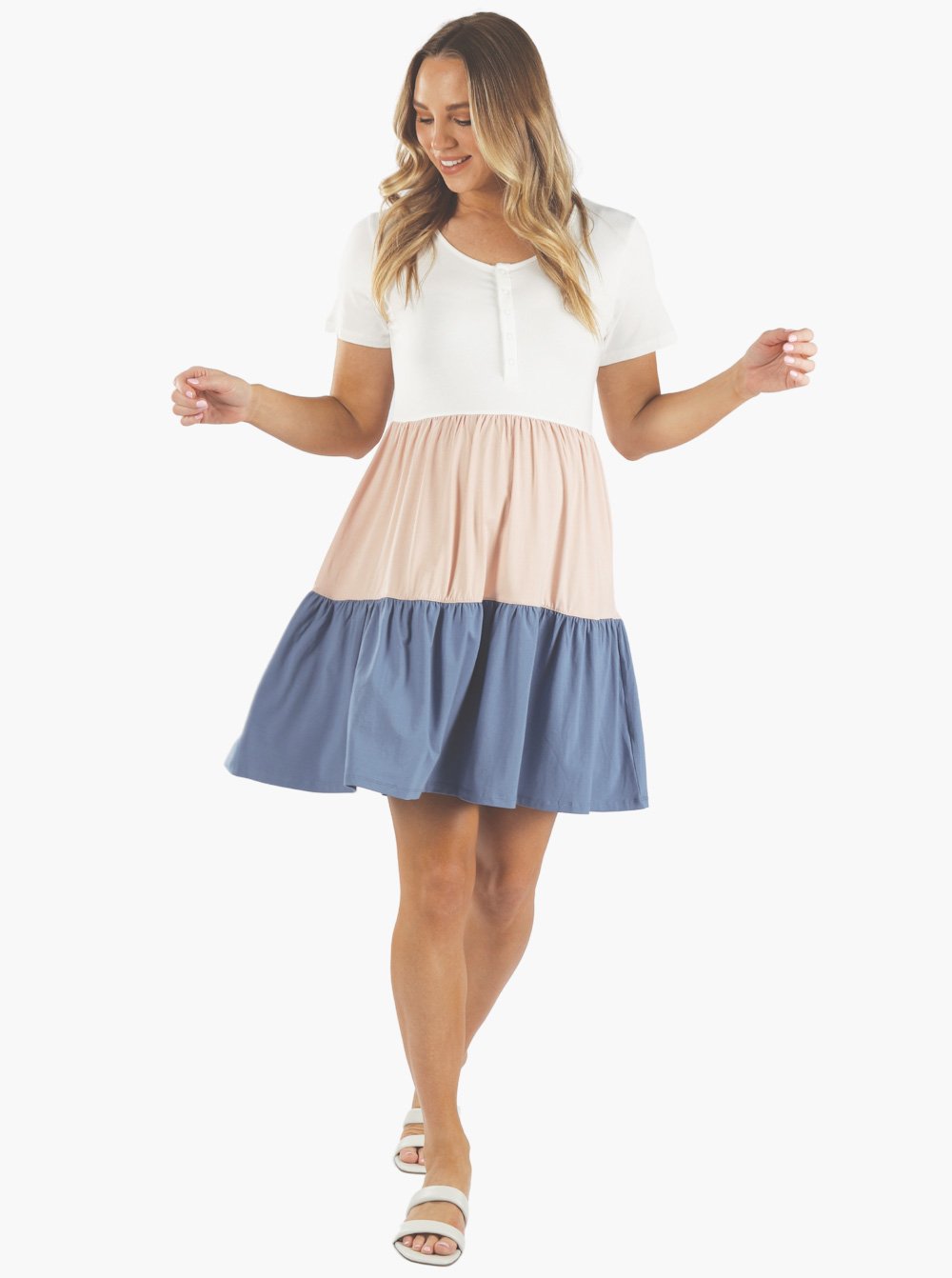 Main view - A woman in maternity tiered sun dress in white, pink and blue, main (6640284401758)