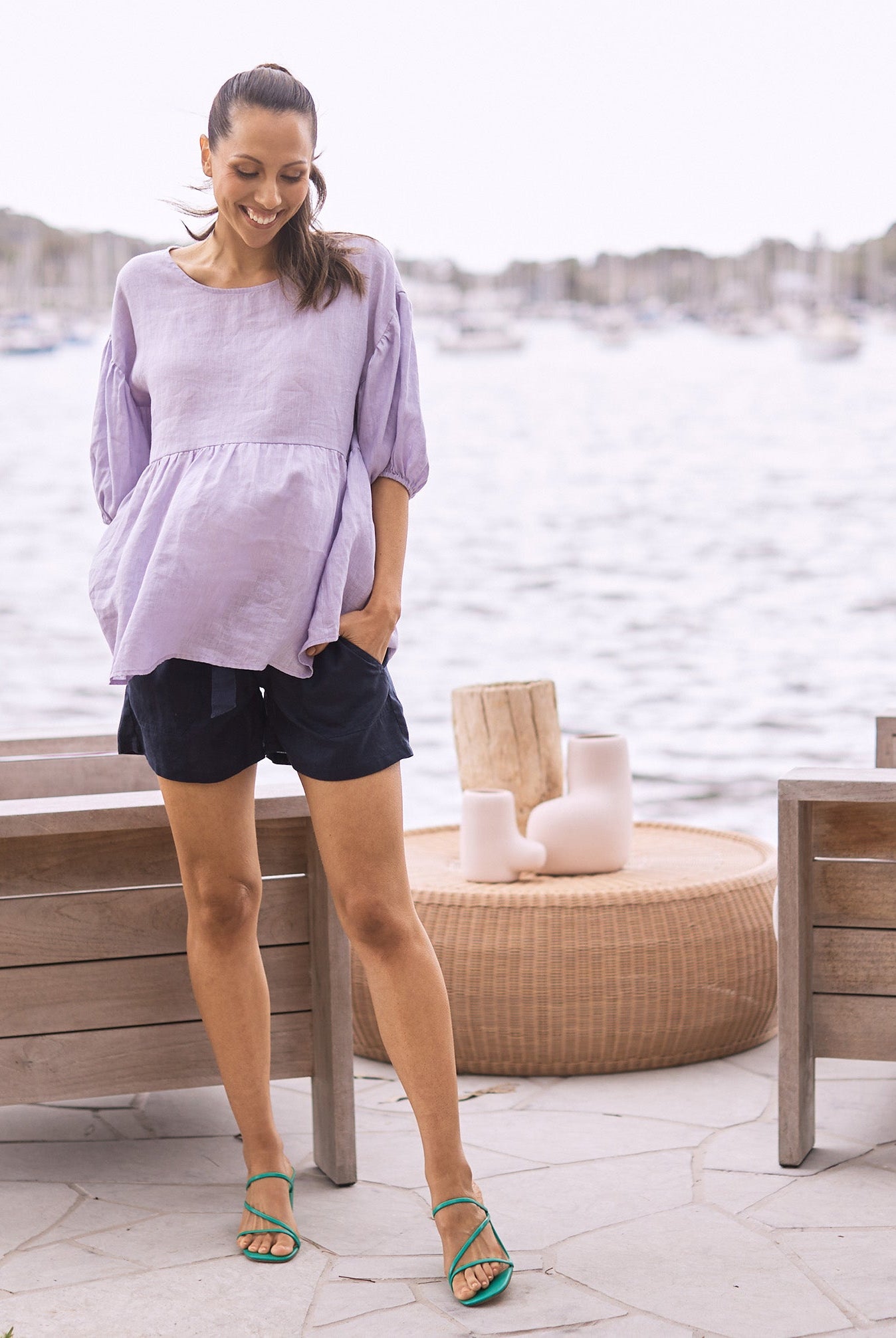 Summer Maternity Linen Low Waist Shorts in Navy (6719693029479)