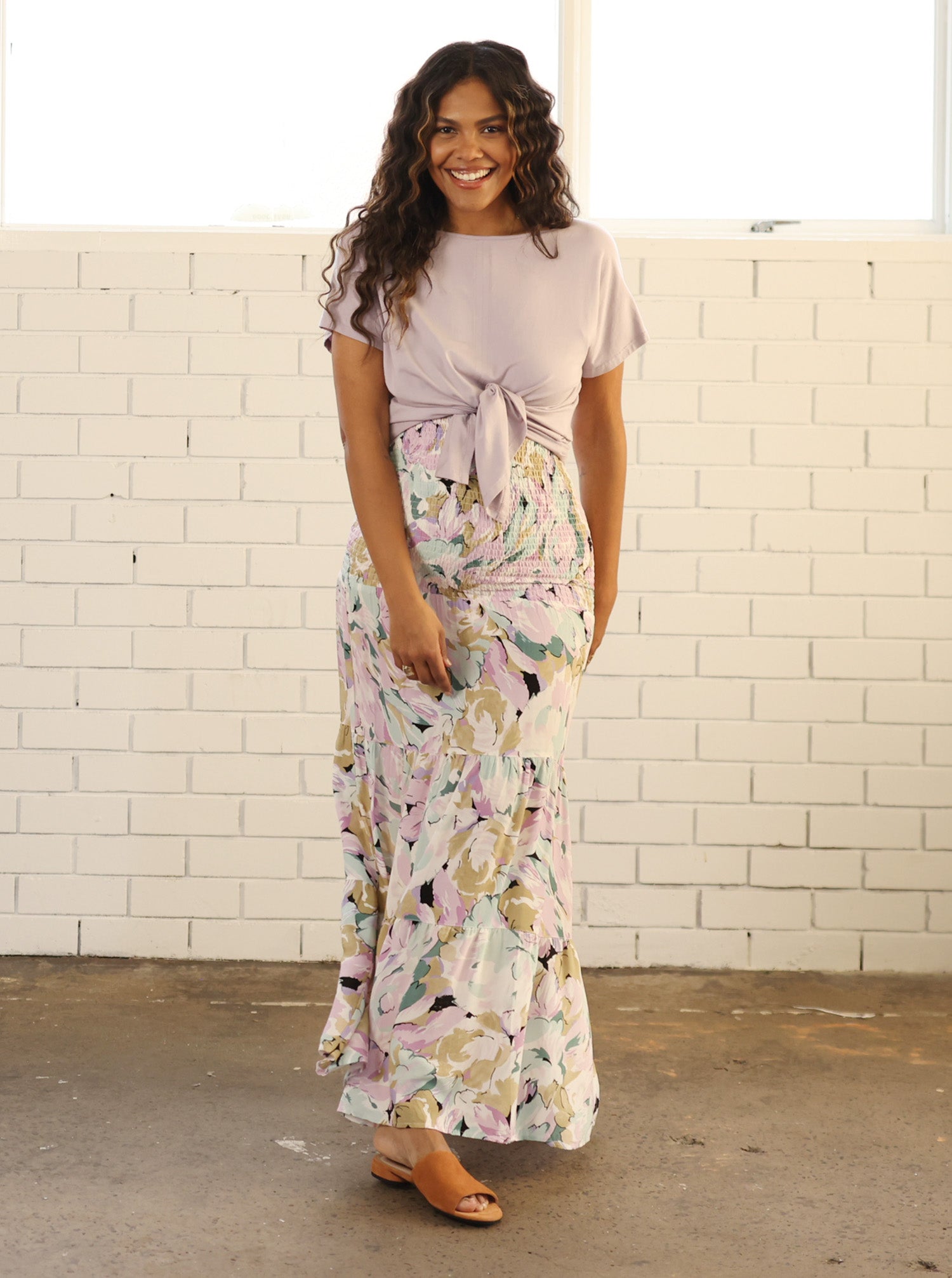 Full front view - A Pregnant Woman in Reversible Maternity T-Shirt in Mauve Colour smiling (6712922046567)