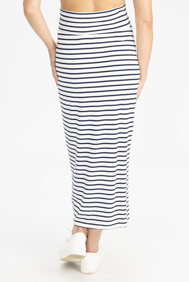 Black view close - Maternity Maxi Skirt in White & Navy Stripes (4801469251678)