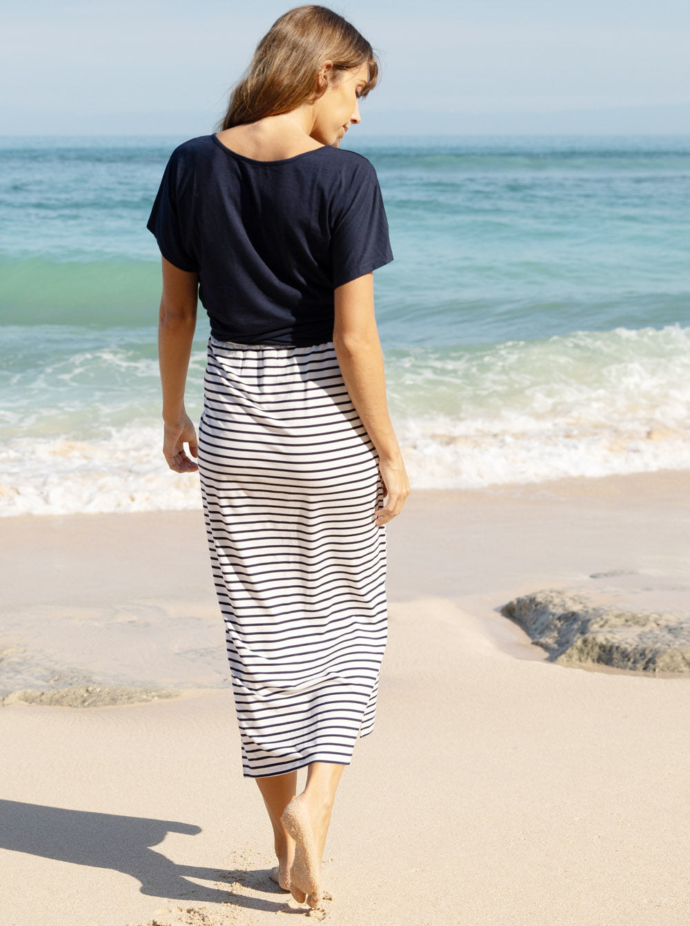 Back view - Maternity Maxi Skirt in White & Navy Stripes (4801469251678)