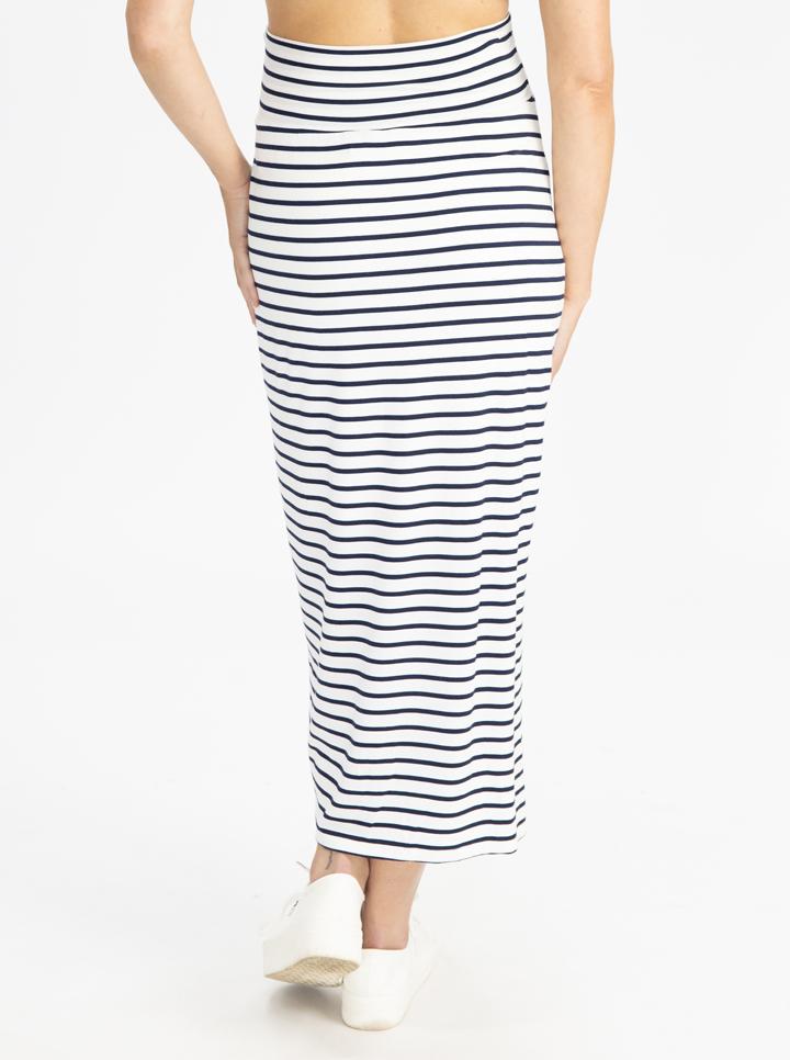 Black view close - Maternity Maxi  Skirt in White & Navy Stripes (4801469251678)