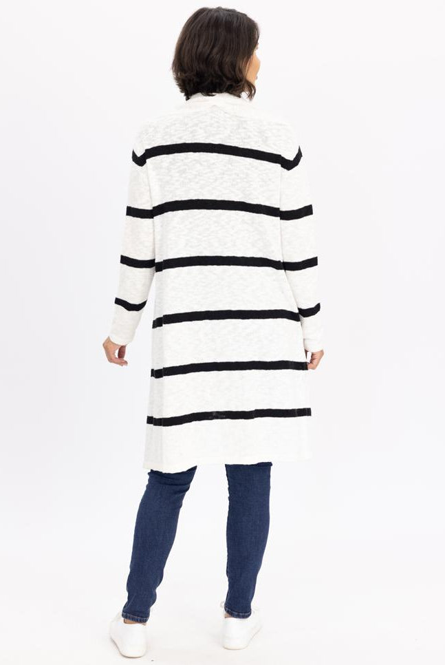 Back view - White Maternity Cotton Cardigan in Black Stripes (6640277291102)
