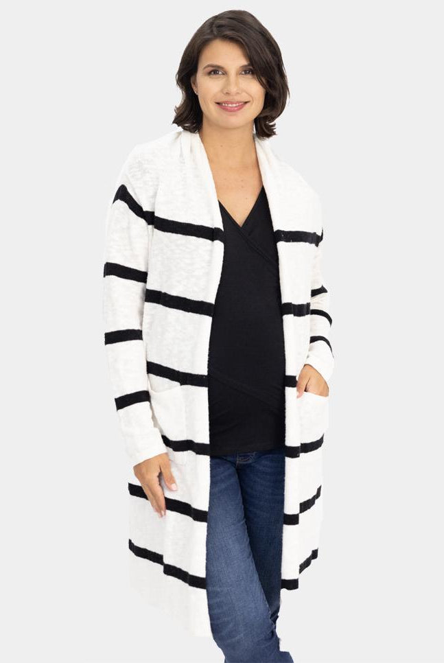 Front view - White Maternity Cotton Cardigan in Black Stripes (6640277291102)