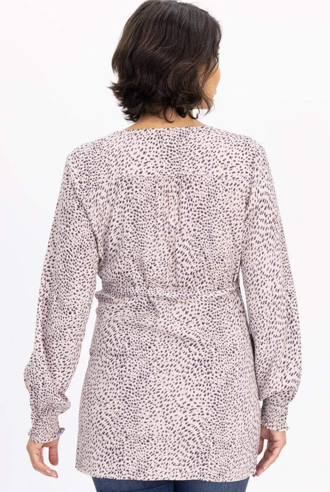 Back view - Long Sleeve Maternity Wrap Blouse in Animal Print - Pink (6640287121502)