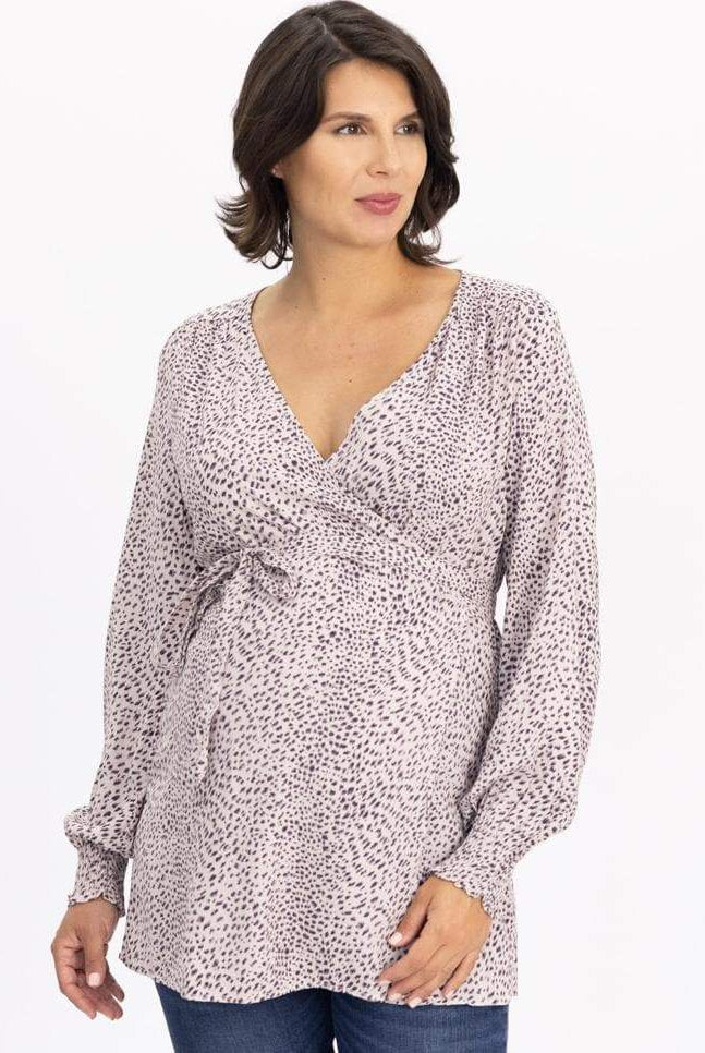 Main view - Long Sleeve Maternity Wrap Blouse in Animal Print - Pink (6640287121502)