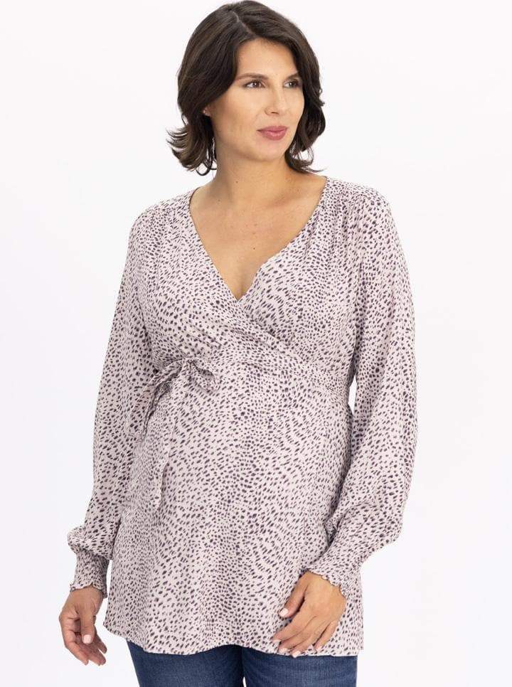 Main view - Long Sleeve Maternity Wrap Blouse in Animal Print - Pink (6640287121502)