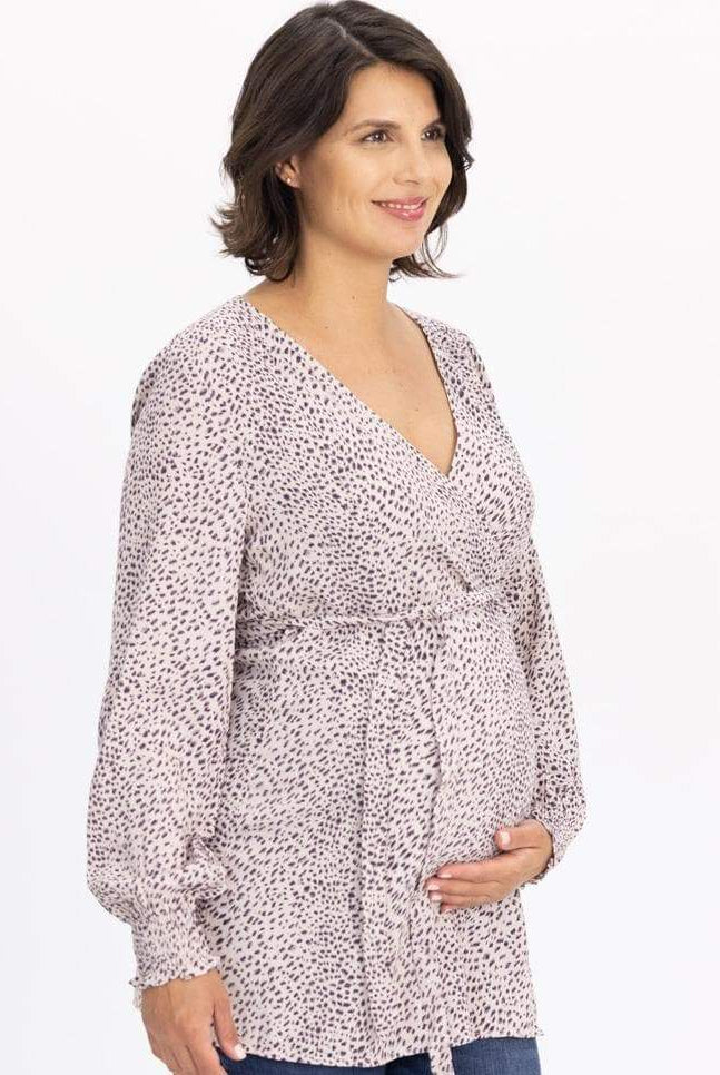 Side view - Long Sleeve Maternity Wrap Blouse in Animal Print - Pink (6640287121502)
