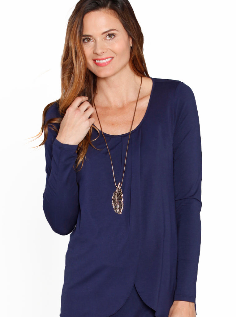 Front view - Maternity Petal Front Long Sleeve Nursing Top - Navy - Angel Maternity USA (1580642730078)