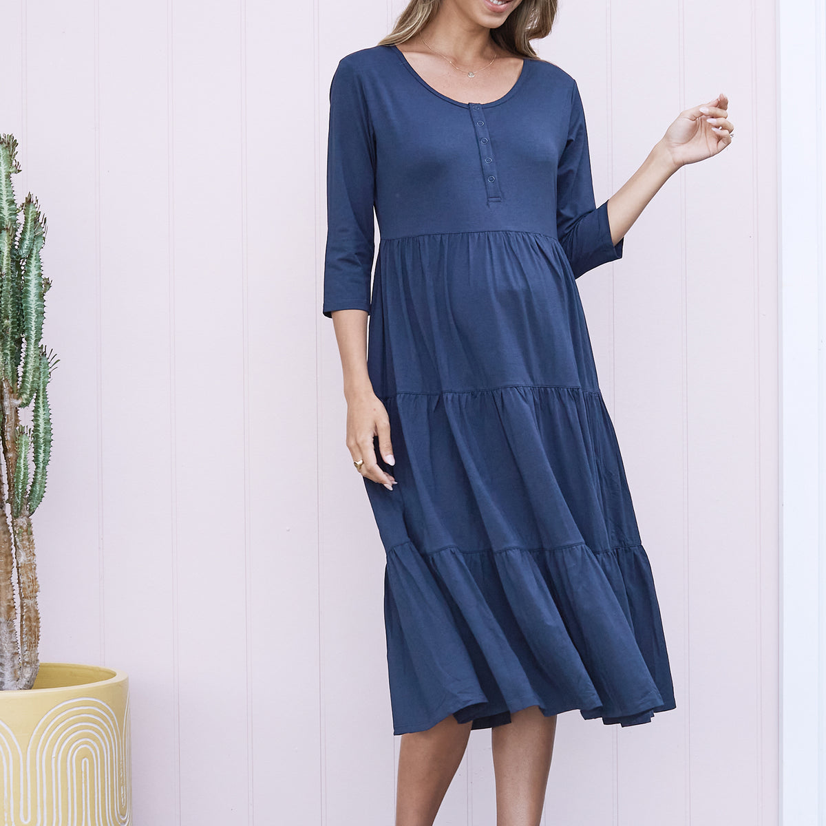 Angel Maternity Essential Maternity Tiered Midi Dress in Navy