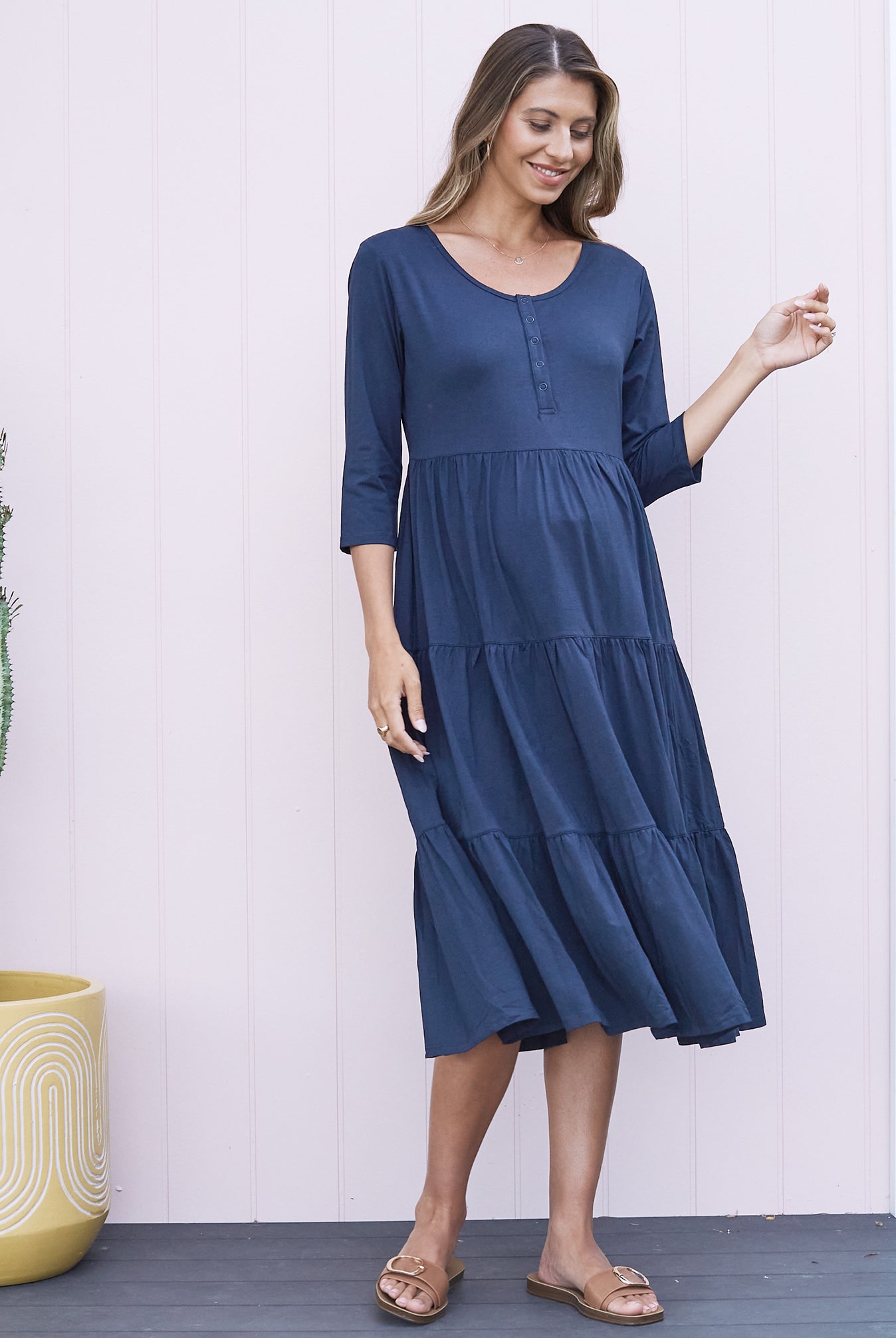 Essential Maternity Tiered Midi Dress in Navy or Black - Angel Maternity USA