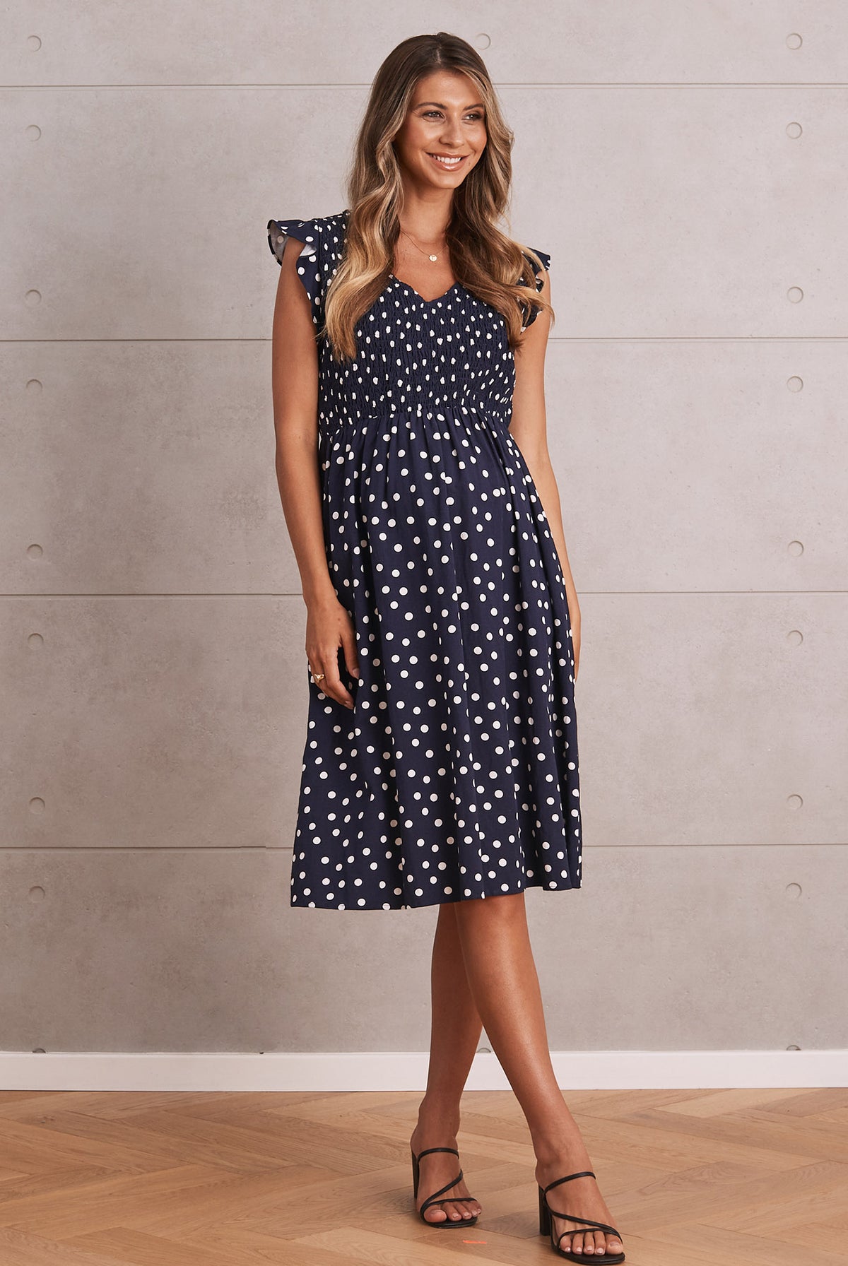 Donna Linen Navy Polka Dot Maternity Midi Dress - Angel Maternity USA