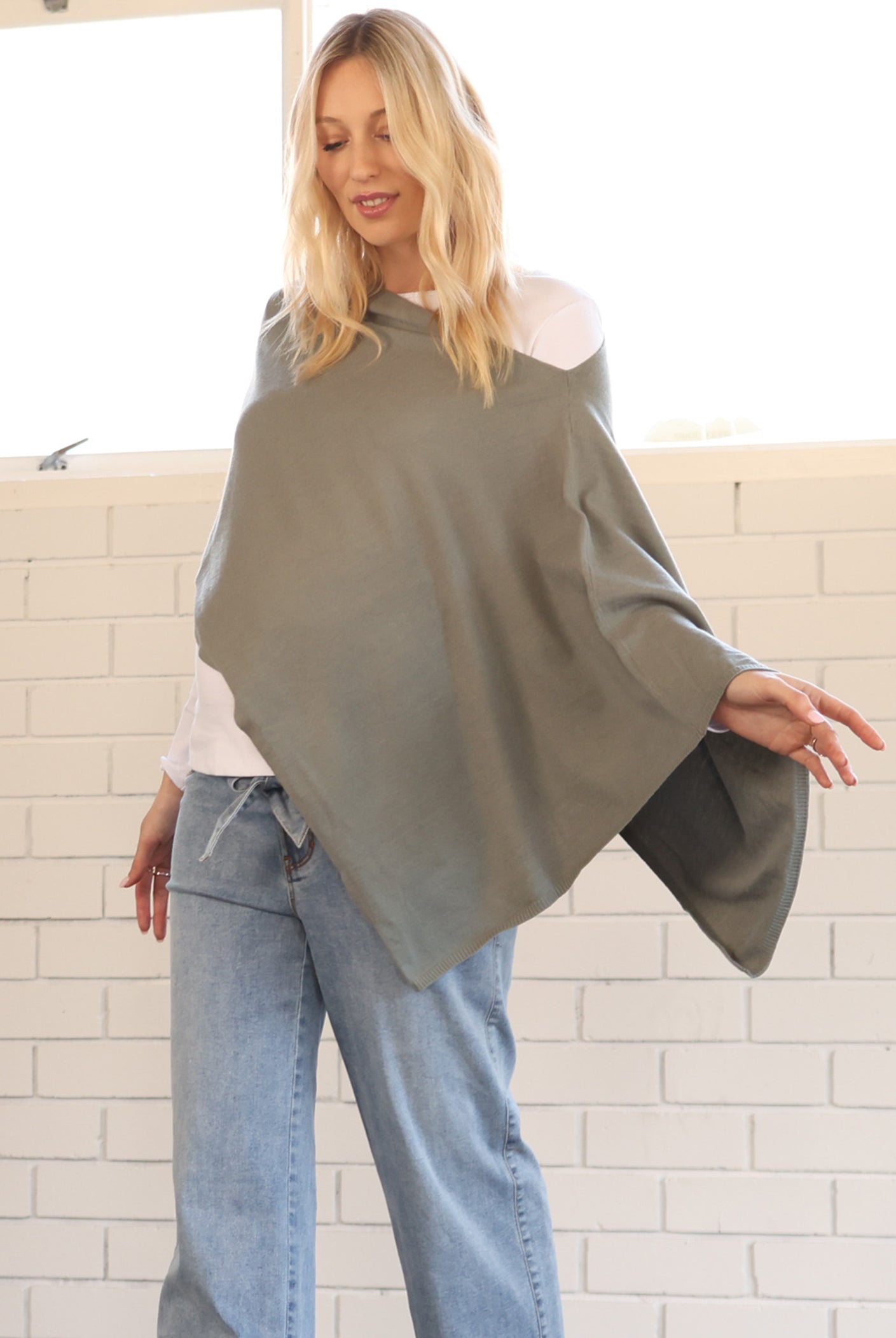 Front view - Moozie Mama Luxury Poncho/Scarf Maternity & Nursing Cover in Sage Green (6723877601374)