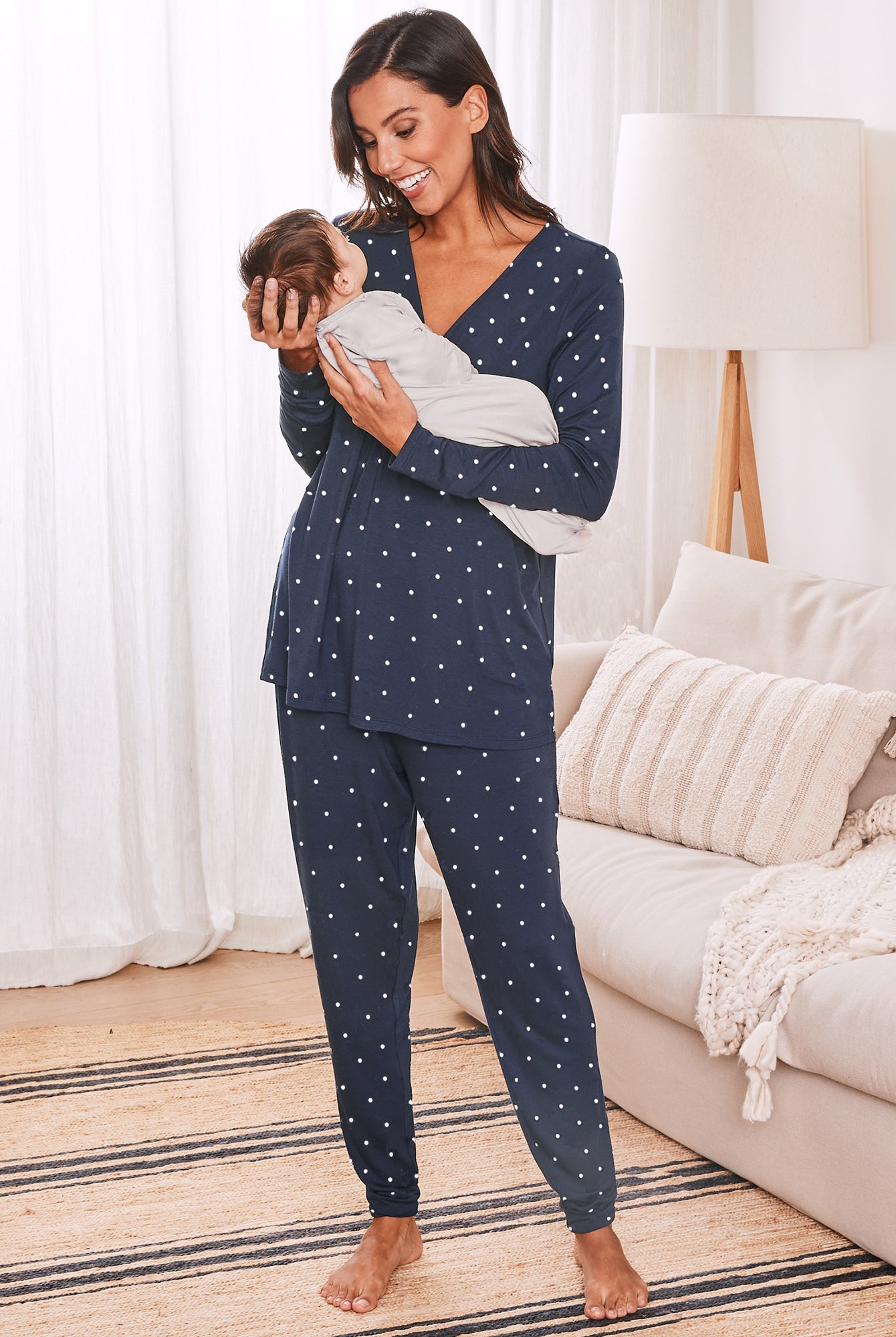 3 Piece Maternity & Nursing Lounge PJ Outfit - Navy Polkadots - Angel Maternity USA