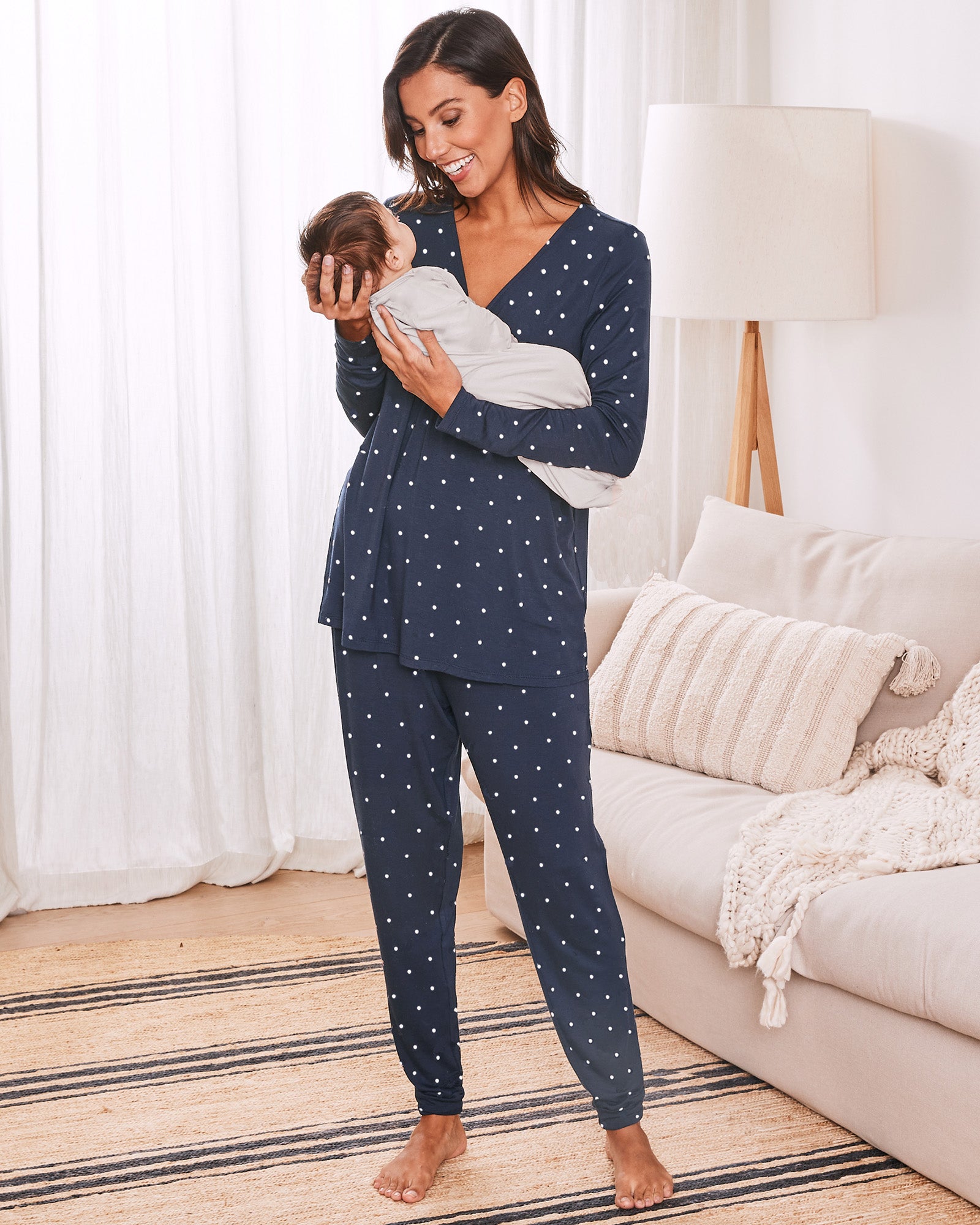3 Piece Maternity & Nursing Lounge PJ Outfit - Navy Polkadots - Angel Maternity USA