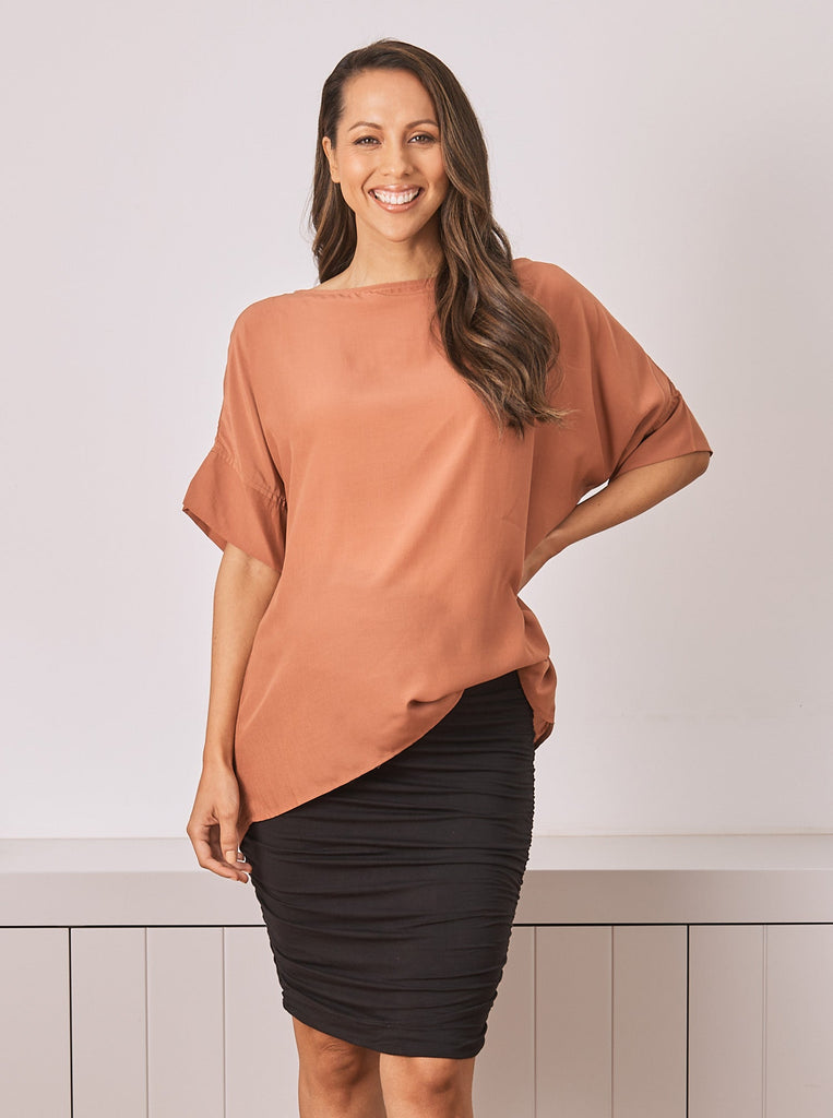 Main view - A pregnant Woman in  Relax Fit Short Sleeve Maternity Work Top. Colour - Rust (6714683129959) (6733182500958)